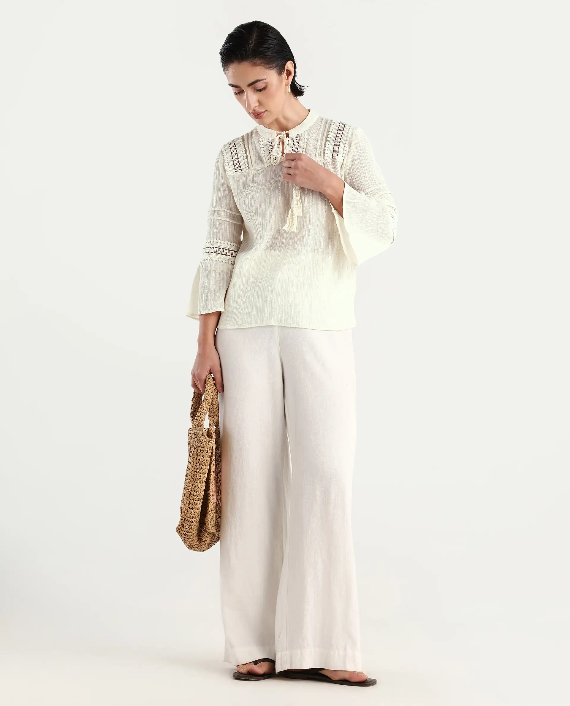 Rareism Women's Alonzo Light Beige Cotton Mandarin Collar Plain Regular Fit Top - Image 2