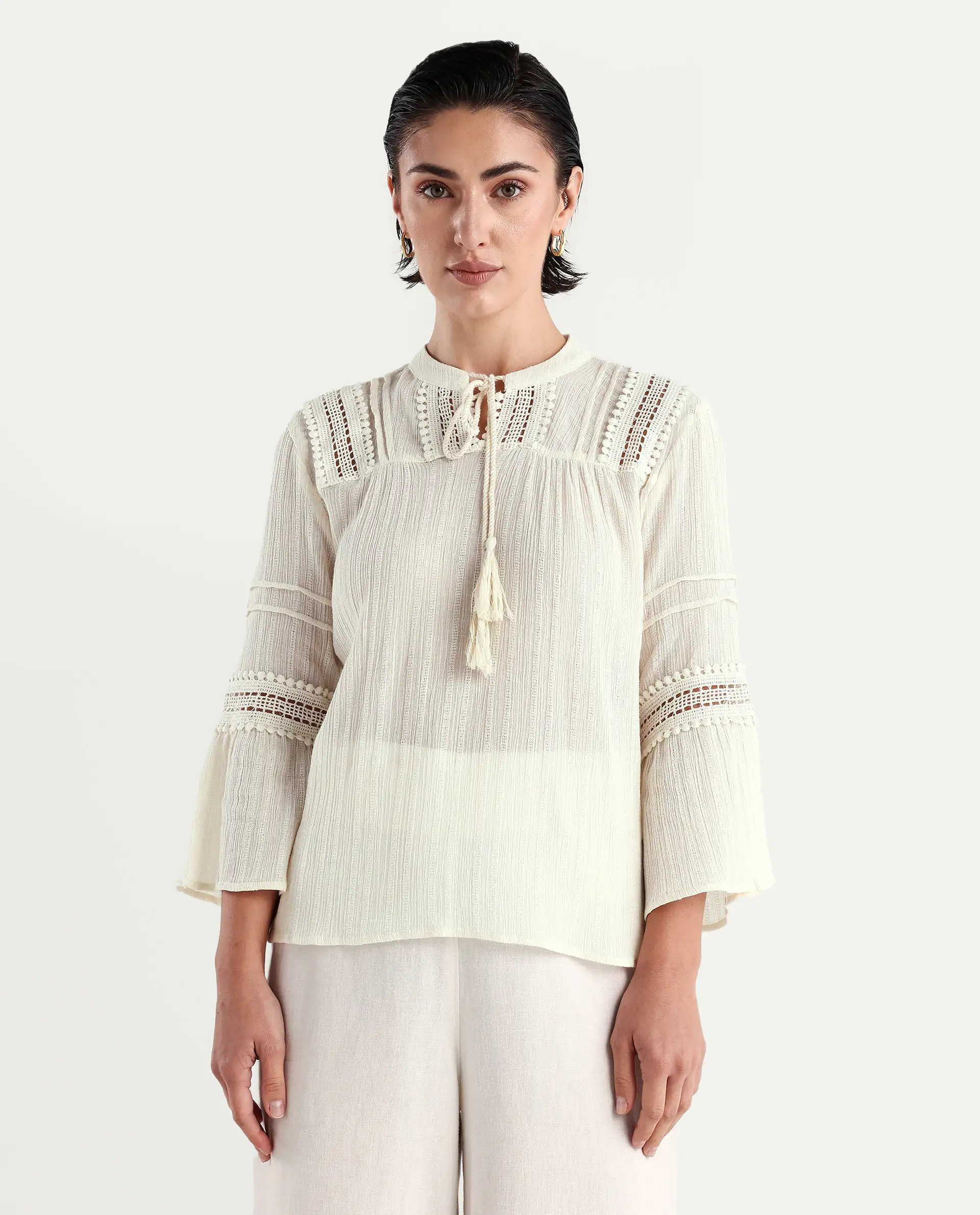 Rareism Women's Alonzo Light Beige Cotton Mandarin Collar Plain Regular Fit Top - Image 4