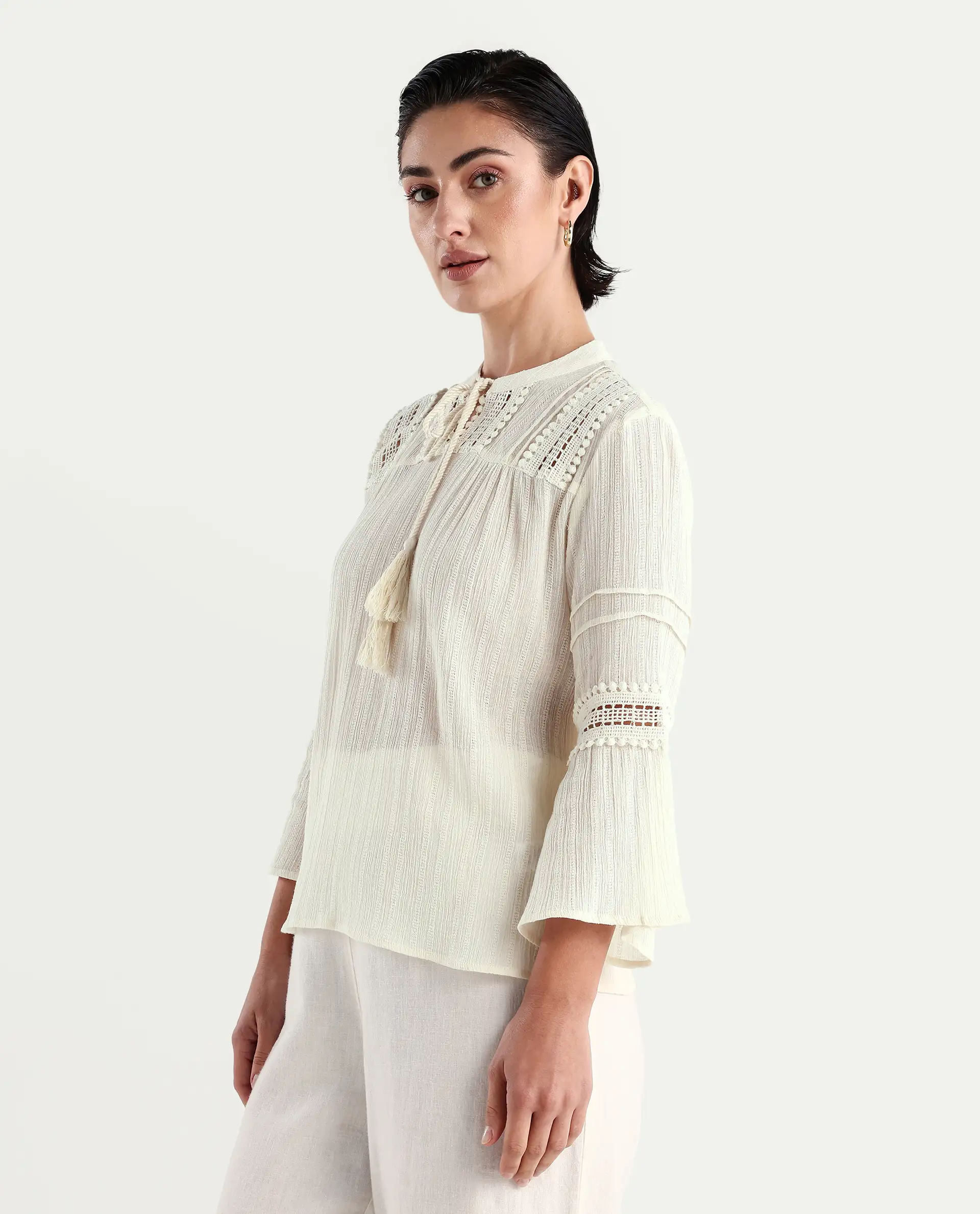 Rareism Women's Alonzo Light Beige Cotton Mandarin Collar Plain Regular Fit Top - Image 5