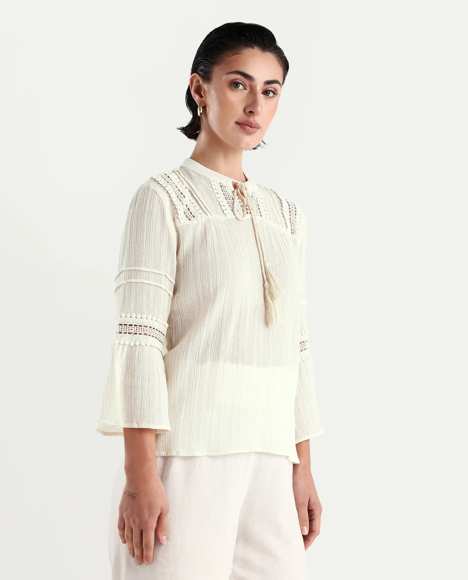 Rareism Women's Alonzo Light Beige Cotton Mandarin Collar Plain Regular Fit Top - Image 6