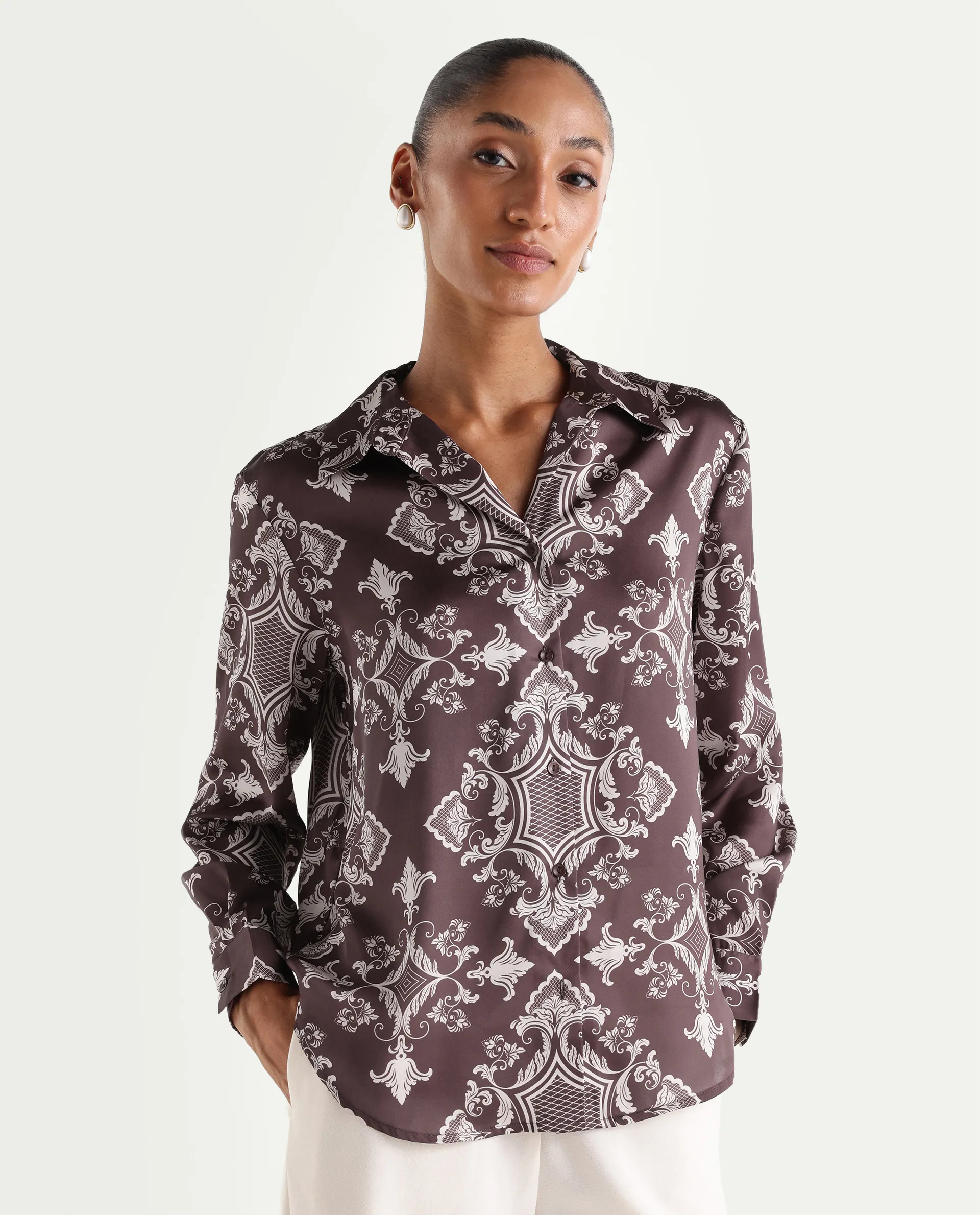 Rareism Women's Alor Brown Polyester Full Sleeve Spread Collar Relaxed Fit Printed Shirt - Image 3