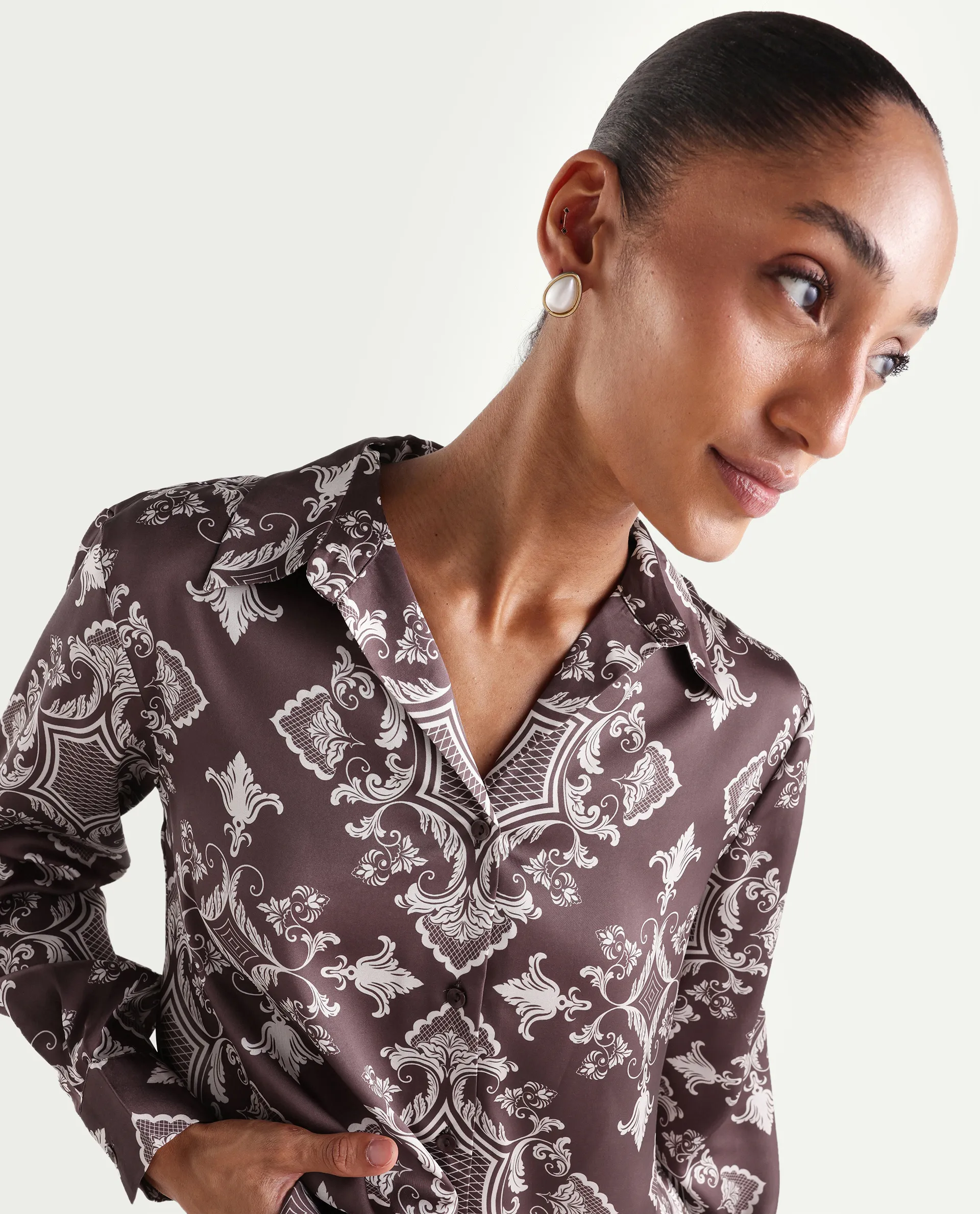 Rareism Women's Alor Brown Polyester Full Sleeve Spread Collar Relaxed Fit Printed Shirt - Image 4