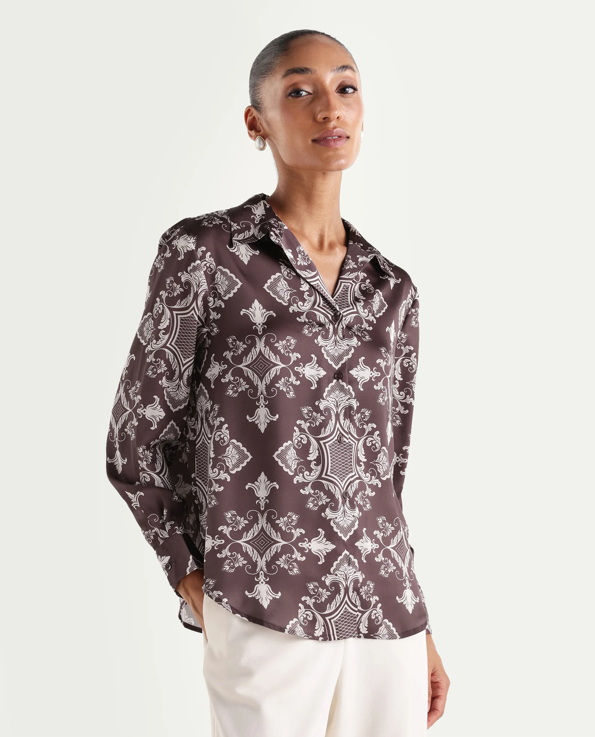 Rareism Women's Alor Brown Polyester Full Sleeve Spread Collar Relaxed Fit Printed Shirt - Image 5