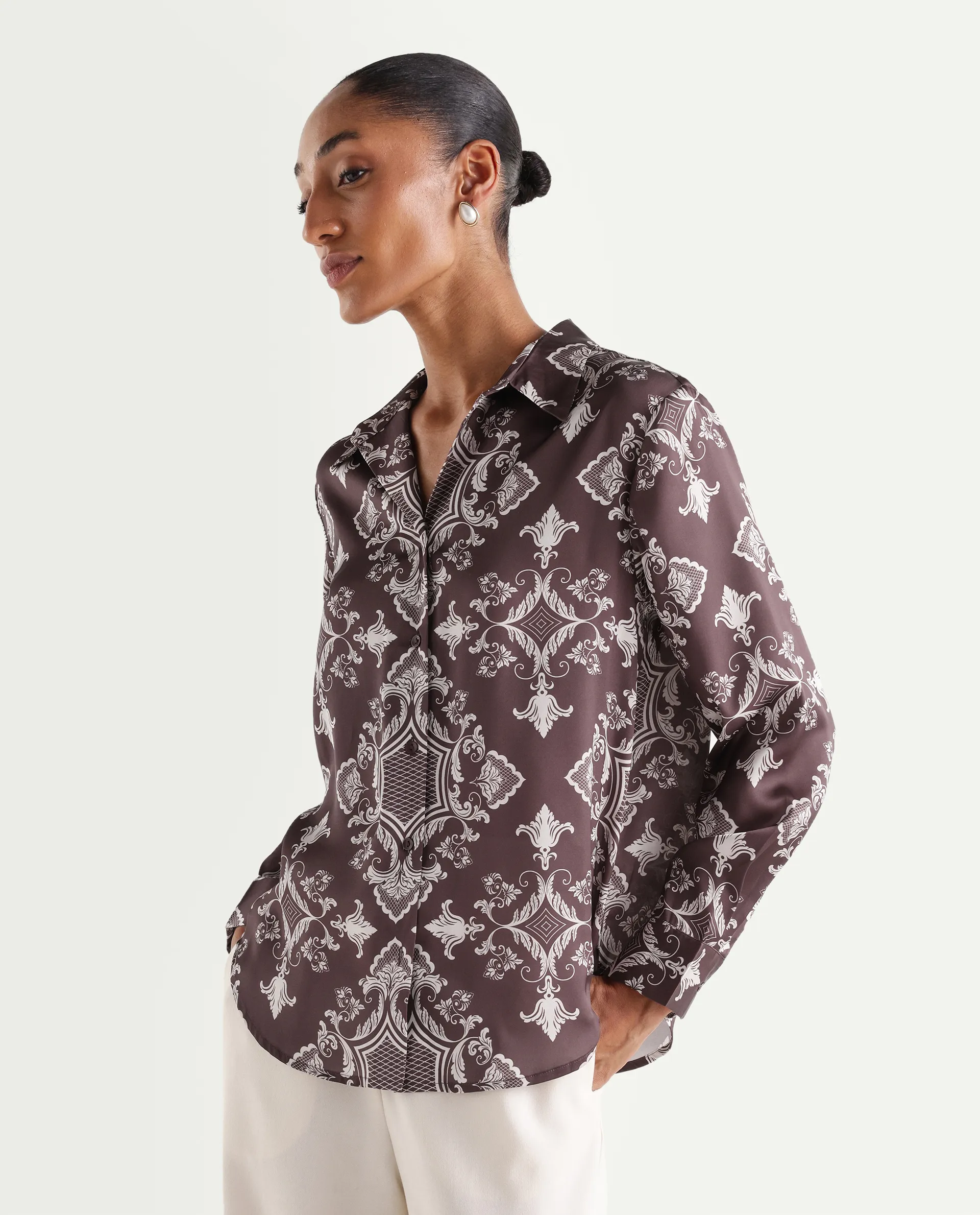 Rareism Women's Alor Brown Polyester Full Sleeve Spread Collar Relaxed Fit Printed Shirt - Image 6