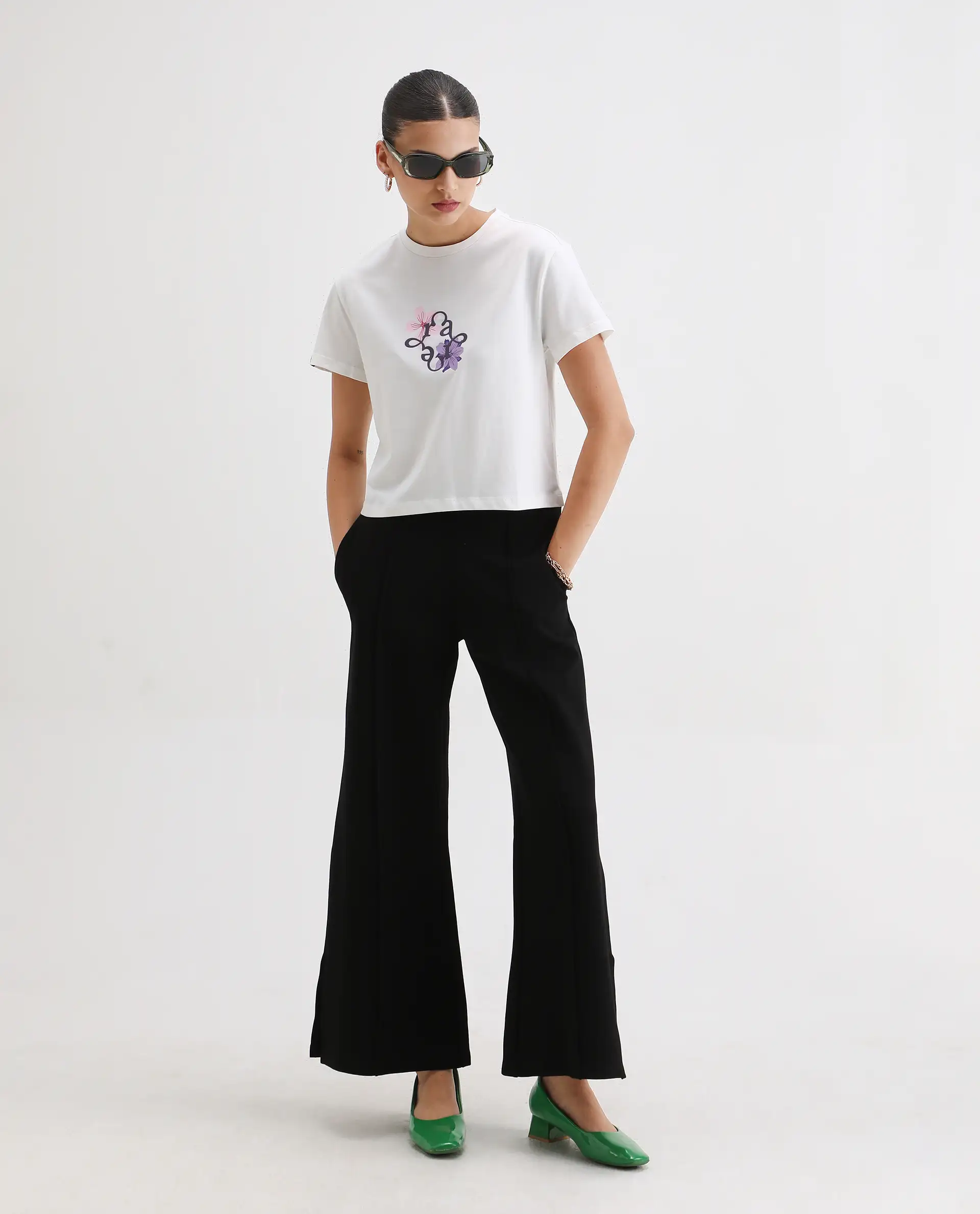 Rareism Women's Alore Off White Cotton Blend Crew Neck Graphic Print Crop Regular Fit T-Shirt - Image 2