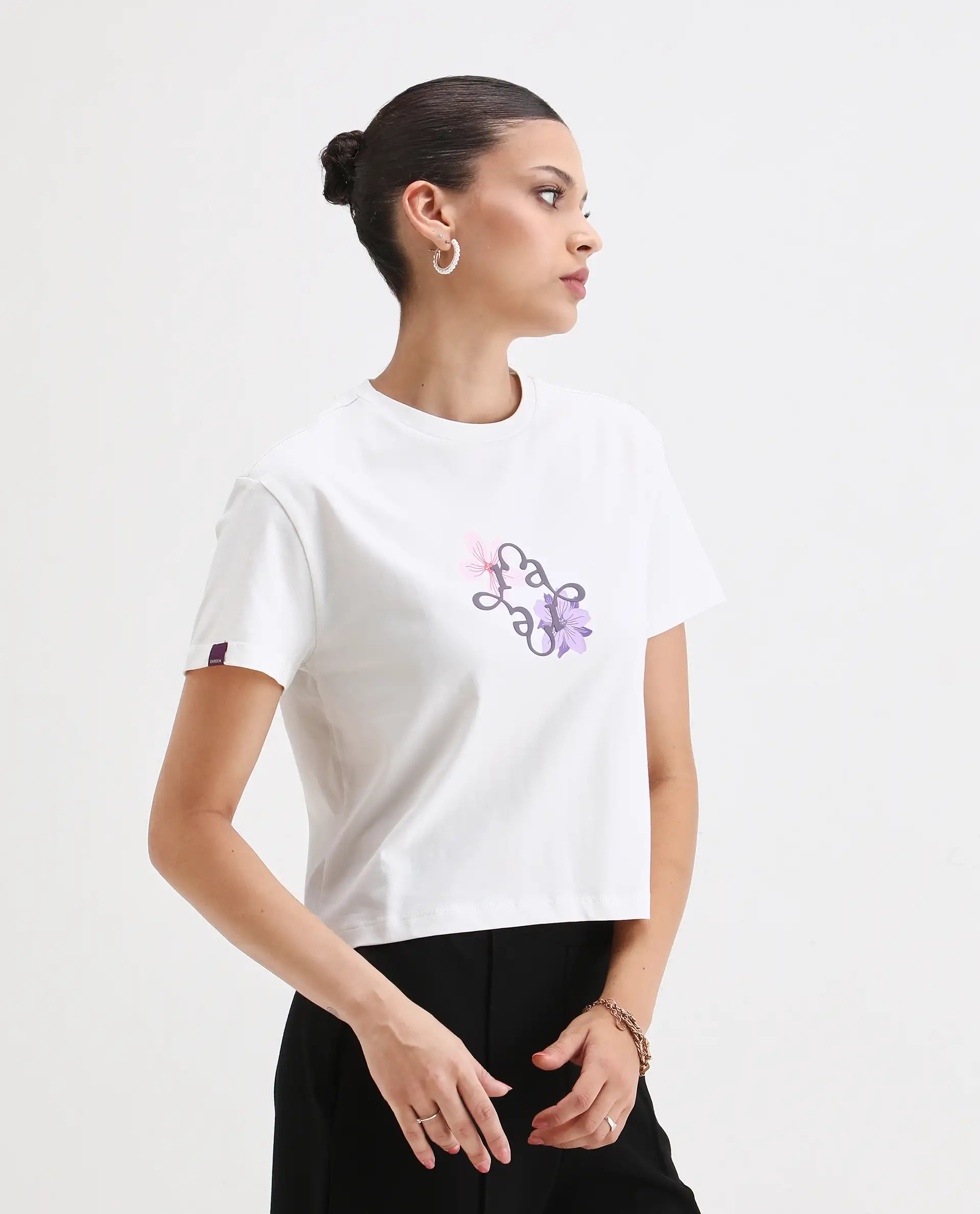 Rareism Women's Alore Off White Cotton Blend Crew Neck Graphic Print Crop Regular Fit T-Shirt - Image 6