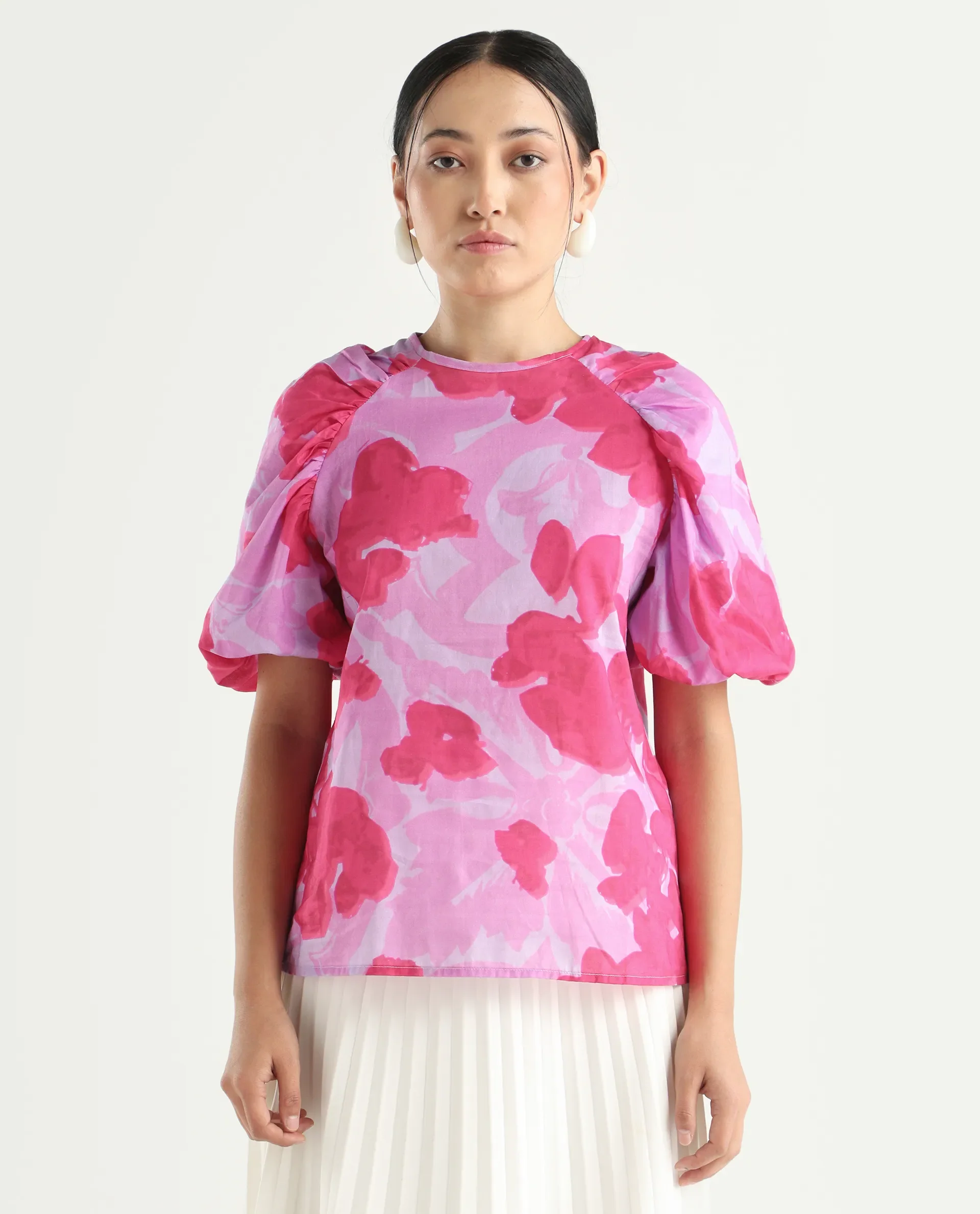 Rareism Women's Alpen Light Purple Cotton Crew Neck Floral Print Puff Sleeves Relaxed Fit Top - Image 3