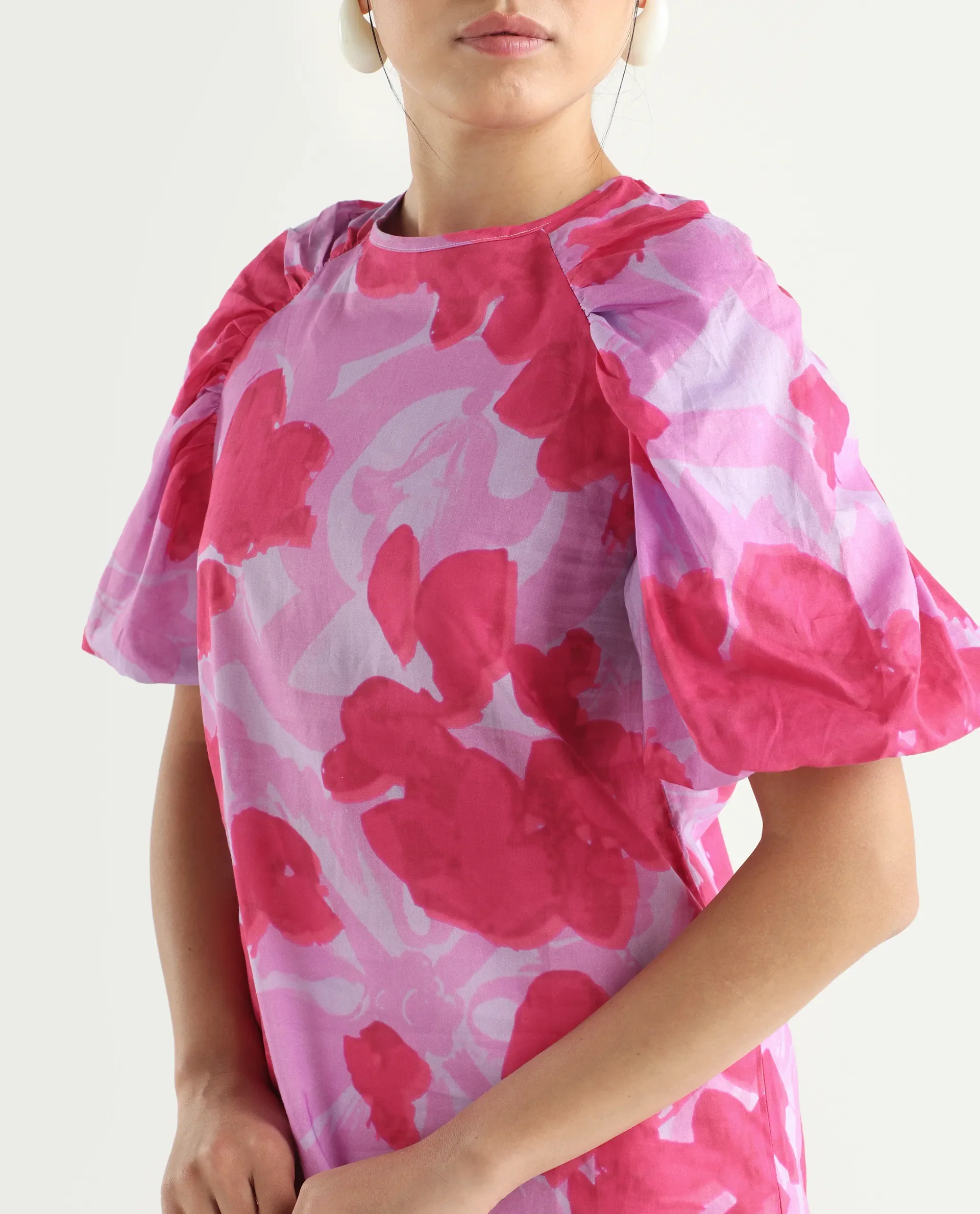 Rareism Women's Alpen Light Purple Cotton Crew Neck Floral Print Puff Sleeves Relaxed Fit Top - Image 4