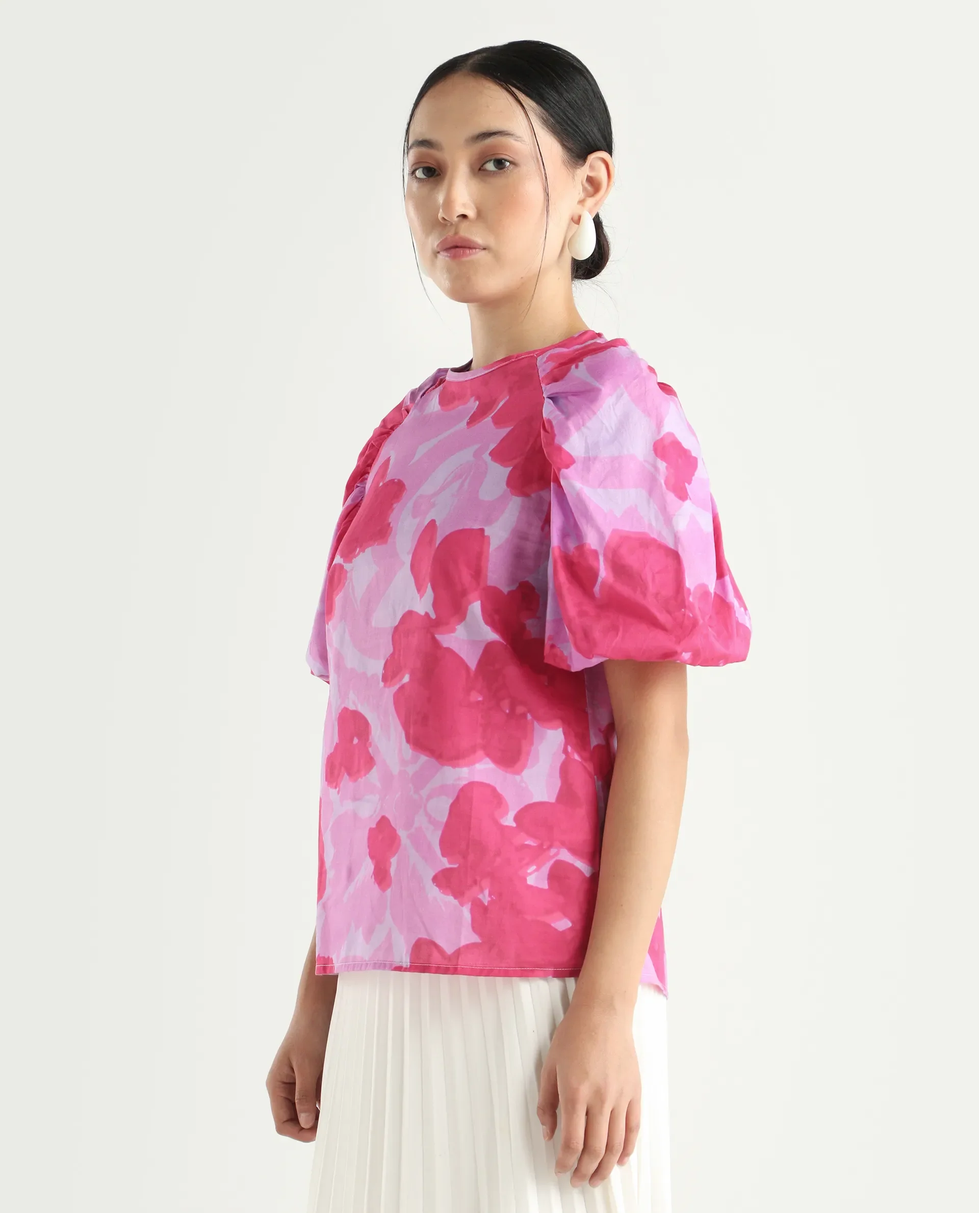 Rareism Women's Alpen Light Purple Cotton Crew Neck Floral Print Puff Sleeves Relaxed Fit Top - Image 6