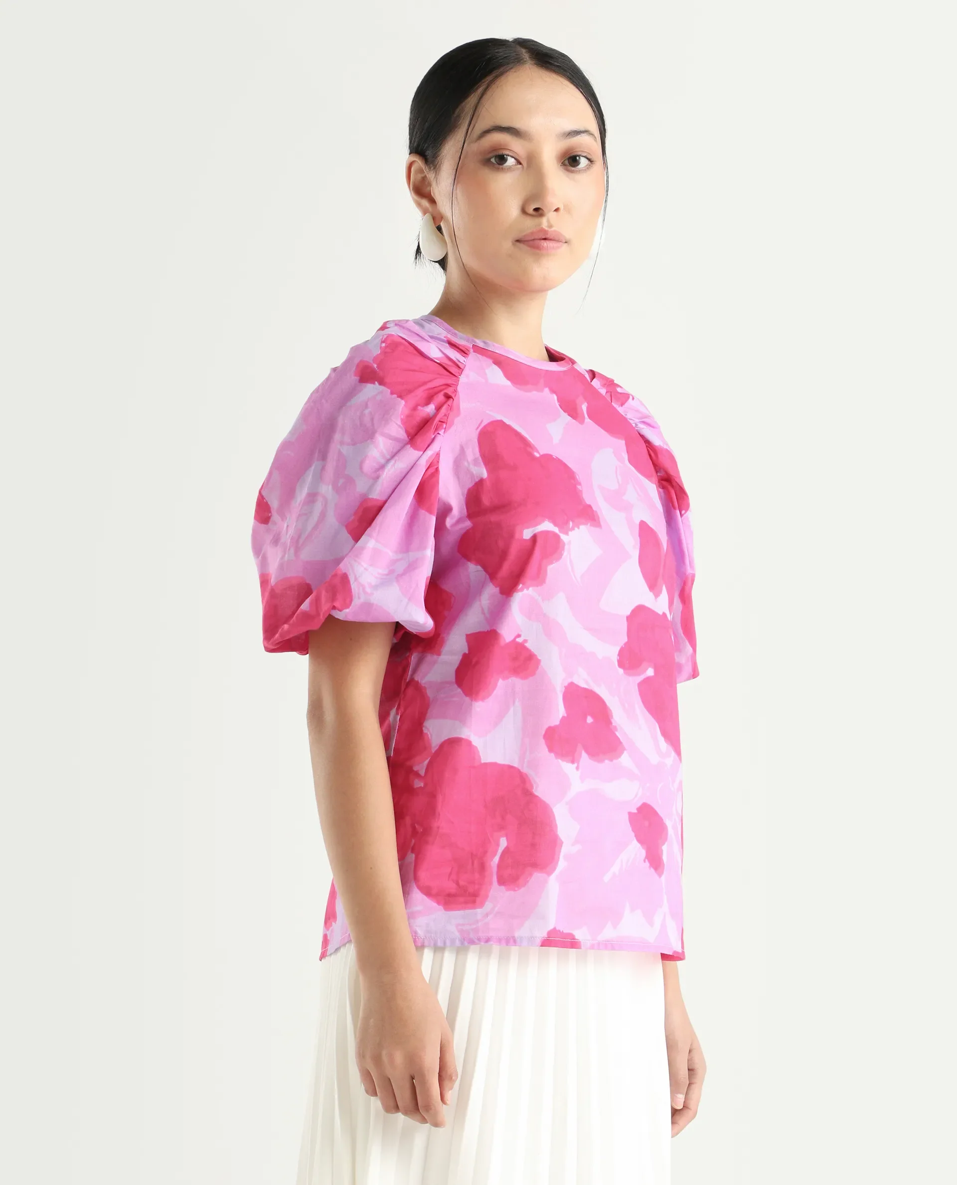 Rareism Women's Alpen Light Purple Cotton Crew Neck Floral Print Puff Sleeves Relaxed Fit Top - Image 7