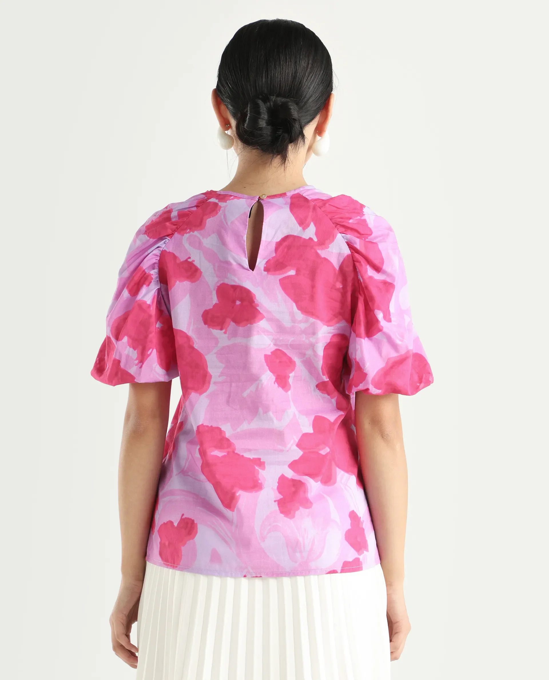 Rareism Women's Alpen Light Purple Cotton Crew Neck Floral Print Puff Sleeves Relaxed Fit Top - Image 8