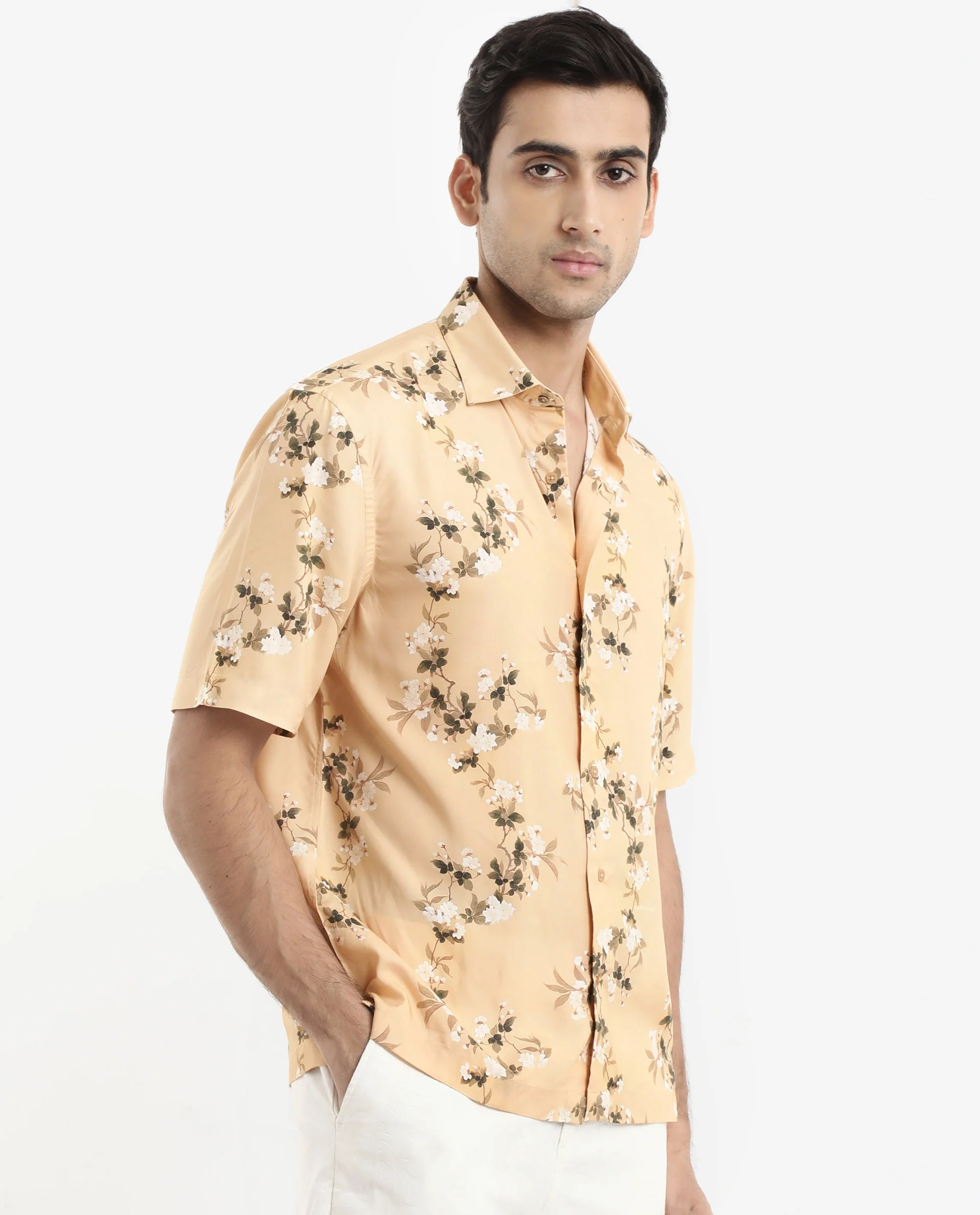 Rare Rabbit Men's Alpher Beige Viscose Floral Print Boxy Fit Half Sleeve Collared Shirt - Image 8