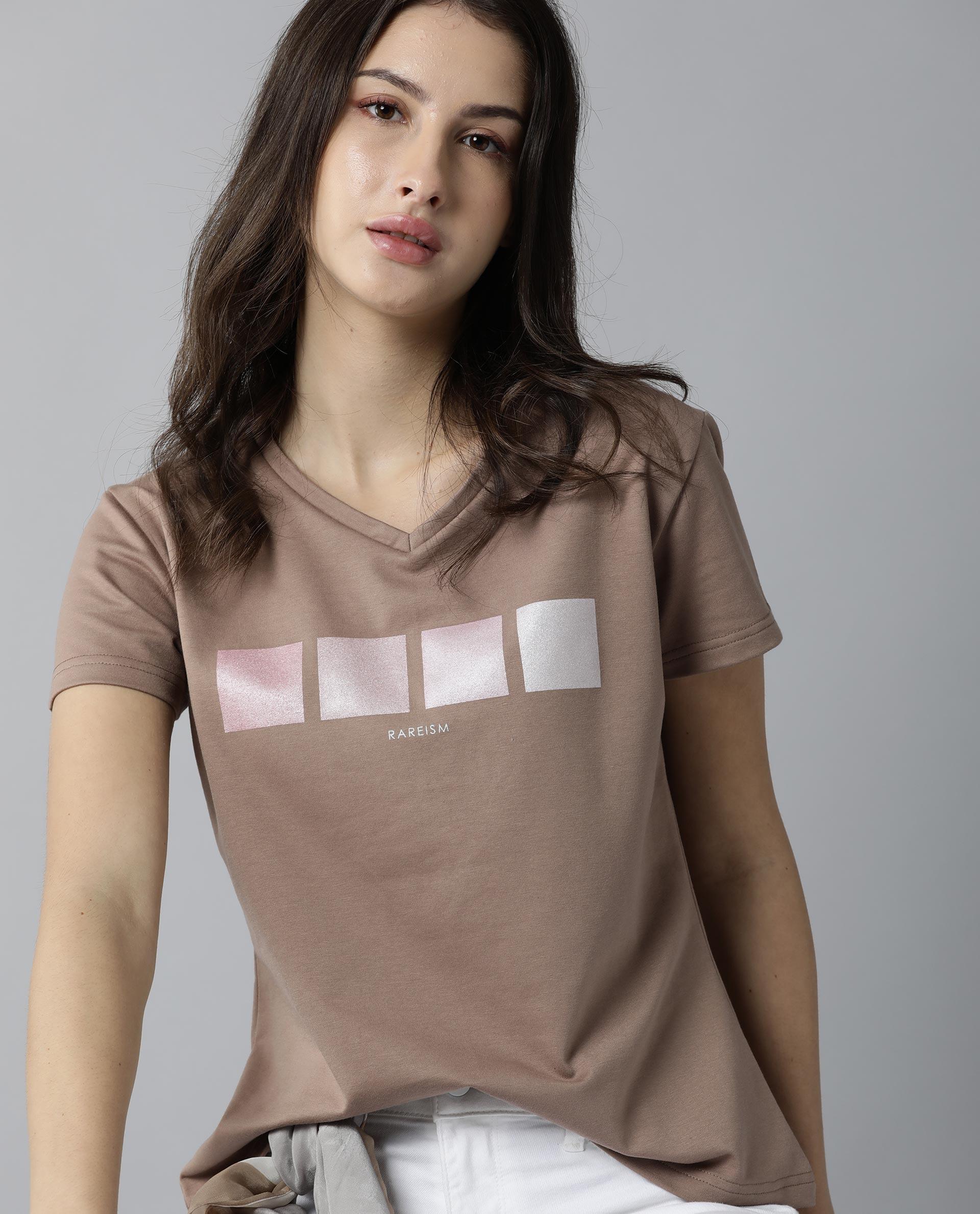 Rareism Womens Alpine Peach T-Shirt Polycotton Fabric Regular Fit Short Sleeves V Neck