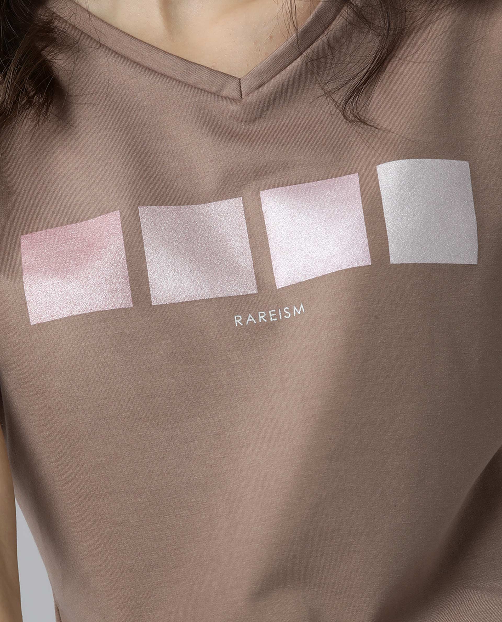 Rareism Womens Alpine Peach T-Shirt Polycotton Fabric Regular Fit Short Sleeves V Neck - Image 2