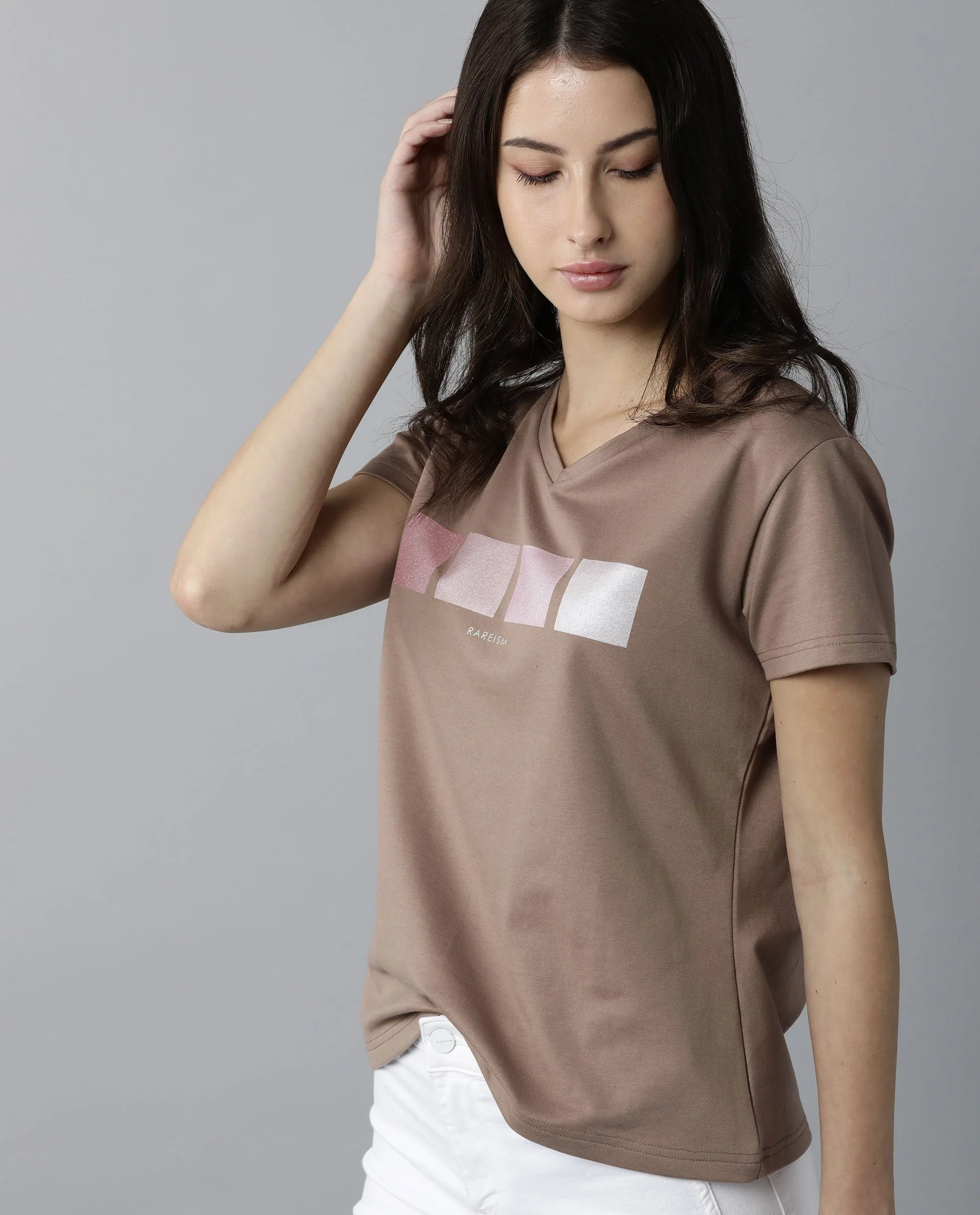 Rareism Womens Alpine Peach T-Shirt Polycotton Fabric Regular Fit Short Sleeves V Neck - Image 3