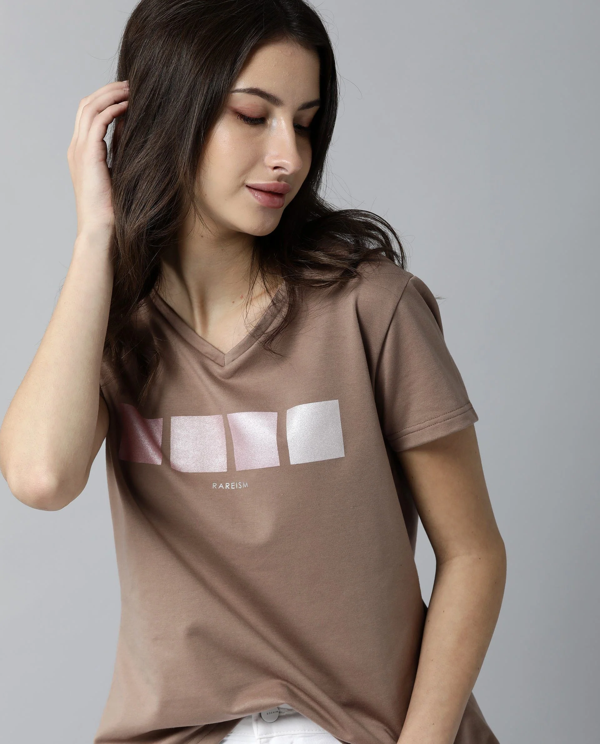 Rareism Womens Alpine Peach T-Shirt Polycotton Fabric Regular Fit Short Sleeves V Neck - Image 4
