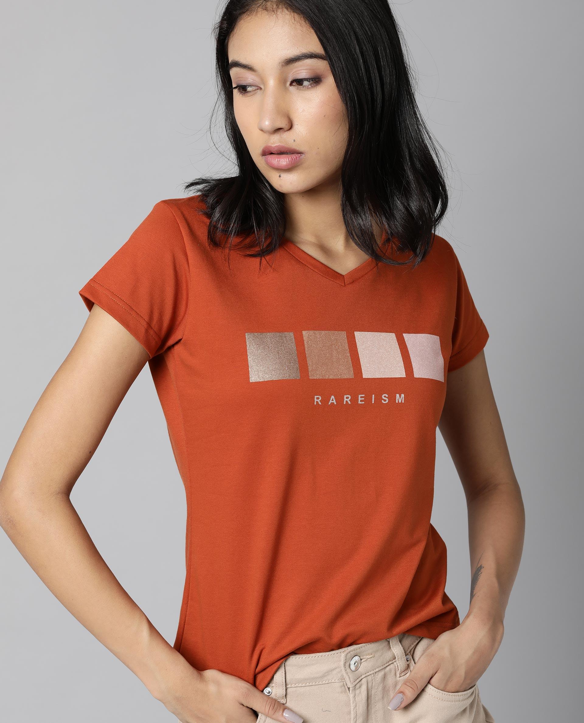 Rareism Womens Alpine Rust T-Shirt Polycotton Fabric Regular Fit Short Sleeves V Neck