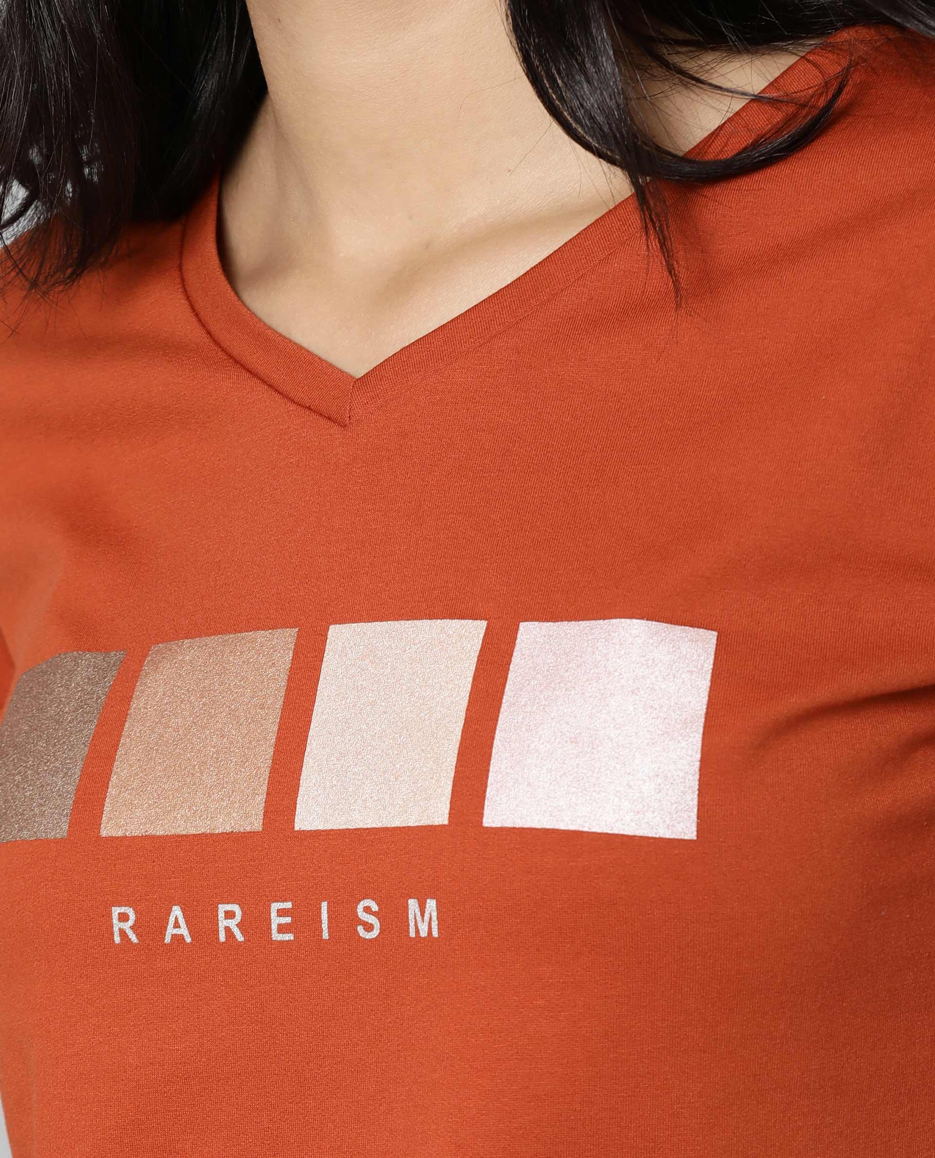 Rareism Womens Alpine Rust T-Shirt Polycotton Fabric Regular Fit Short Sleeves V Neck - Image 2