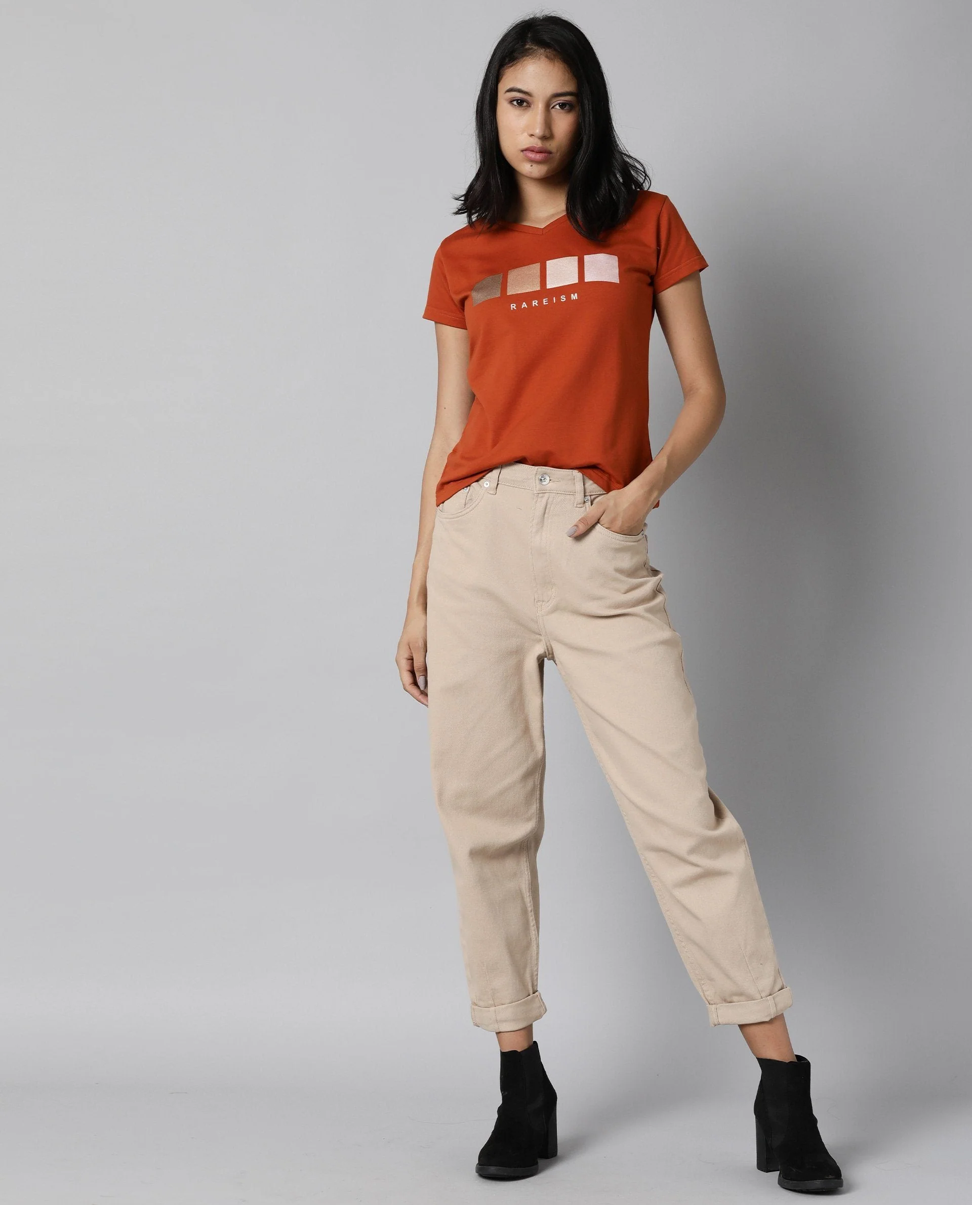 Rareism Womens Alpine Rust T-Shirt Polycotton Fabric Regular Fit Short Sleeves V Neck - Image 4