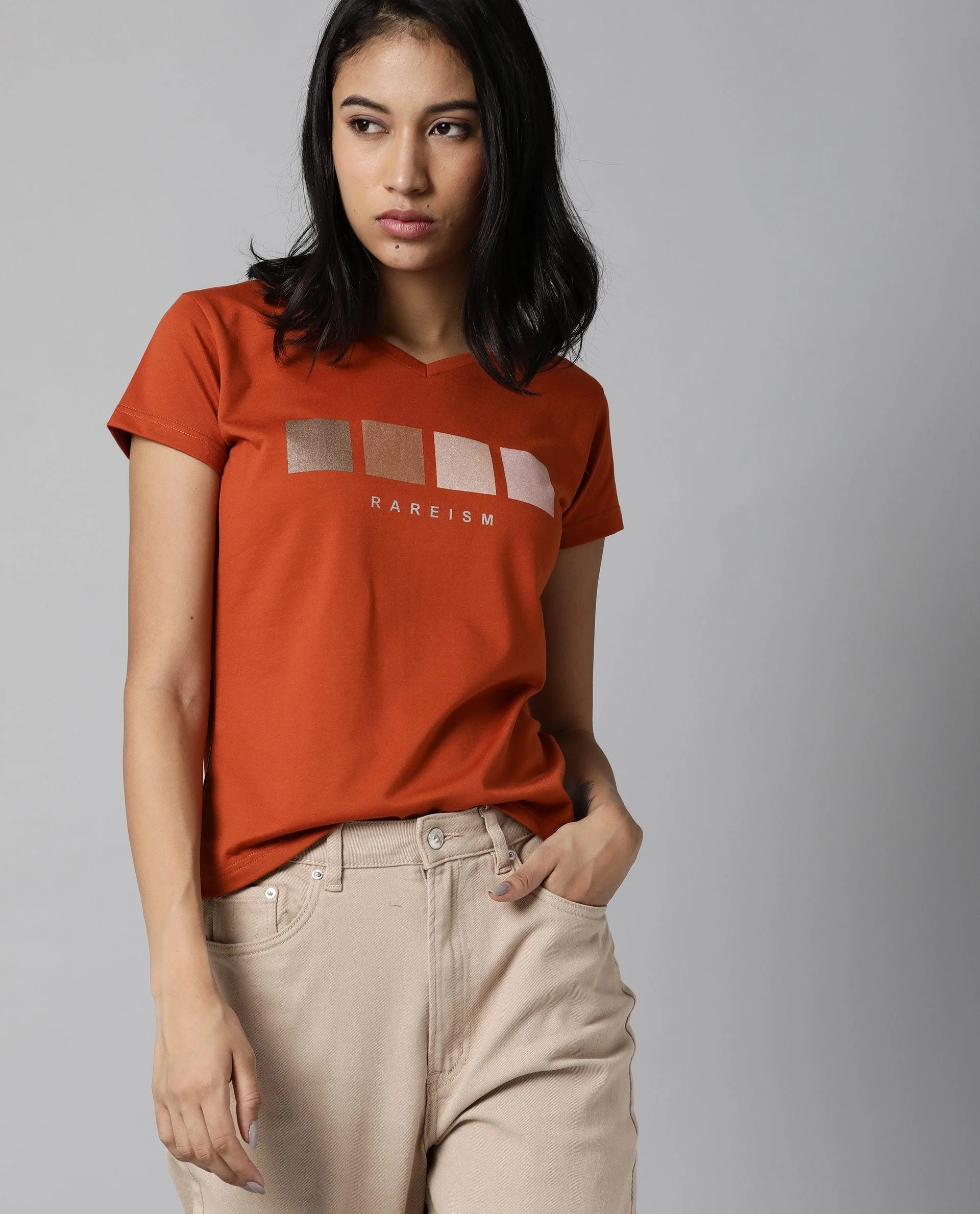 Rareism Womens Alpine Rust T-Shirt Polycotton Fabric Regular Fit Short Sleeves V Neck - Image 5