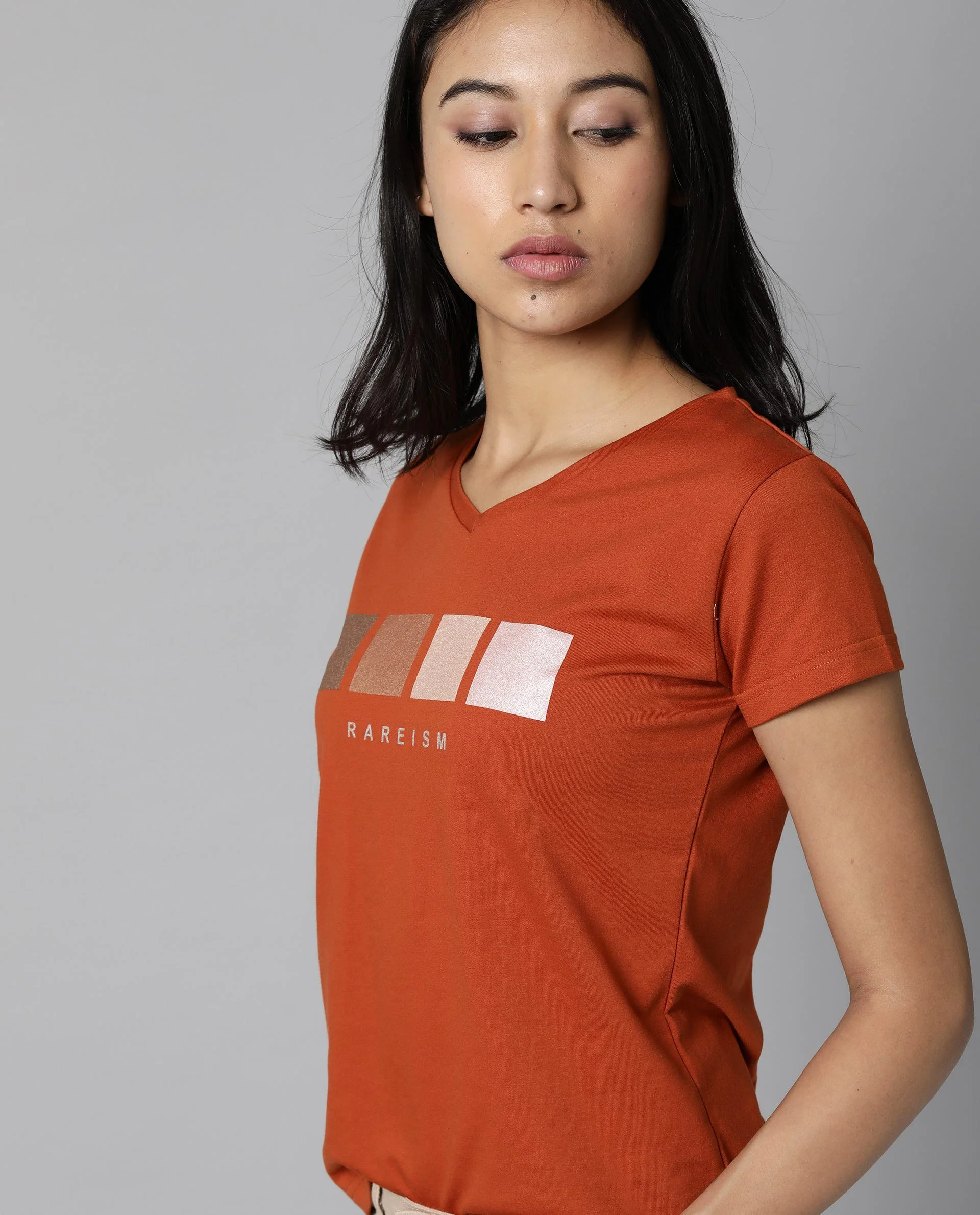 Rareism Womens Alpine Rust T-Shirt Polycotton Fabric Regular Fit Short Sleeves V Neck - Image 6