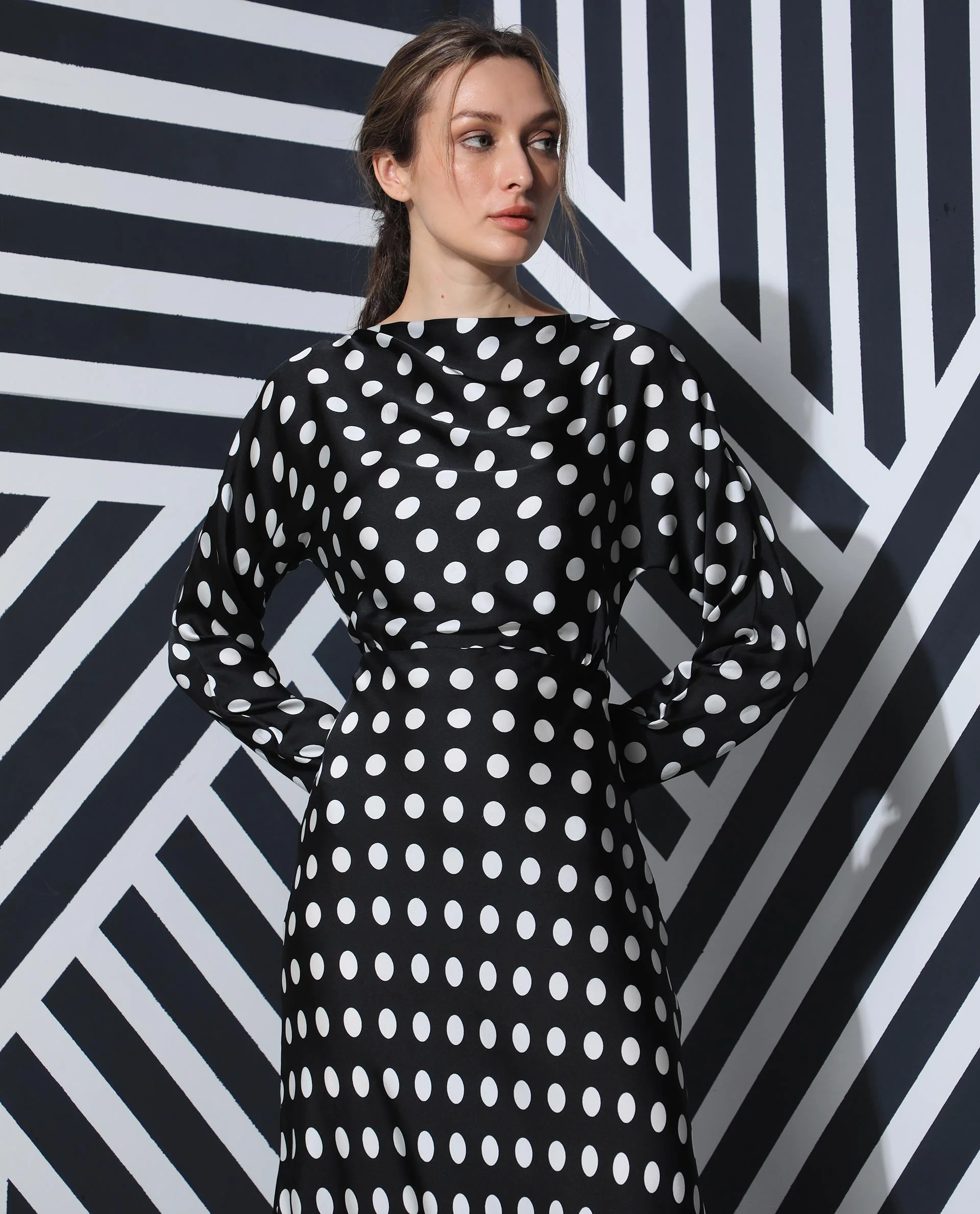 Rareism Women's Alsus Black Polyester Boat Neck Polka Print Extended Sleeves Knee Length Tailored Dress
