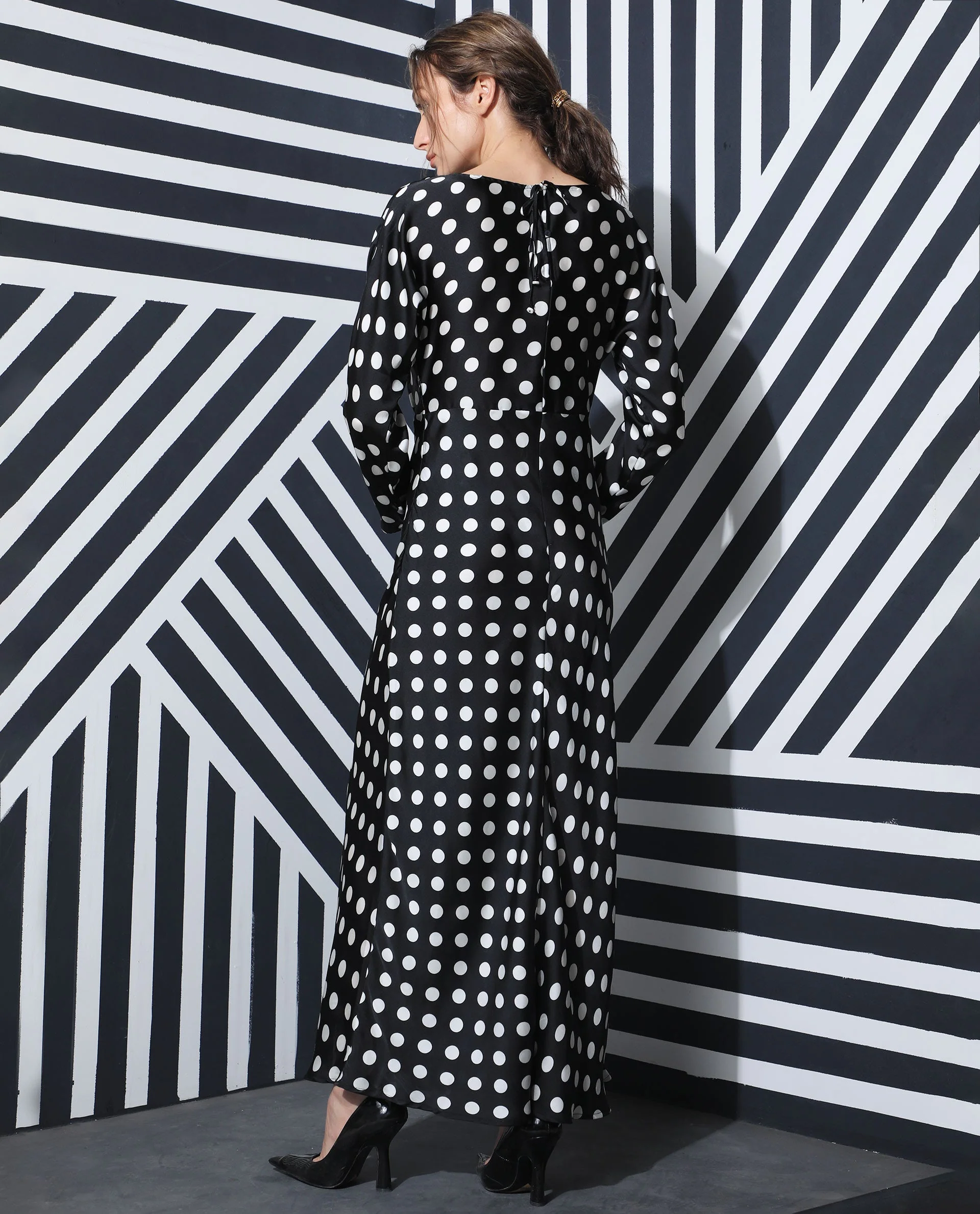 Rareism Women's Alsus Black Polyester Boat Neck Polka Print Extended Sleeves Knee Length Tailored Dress - Image 14