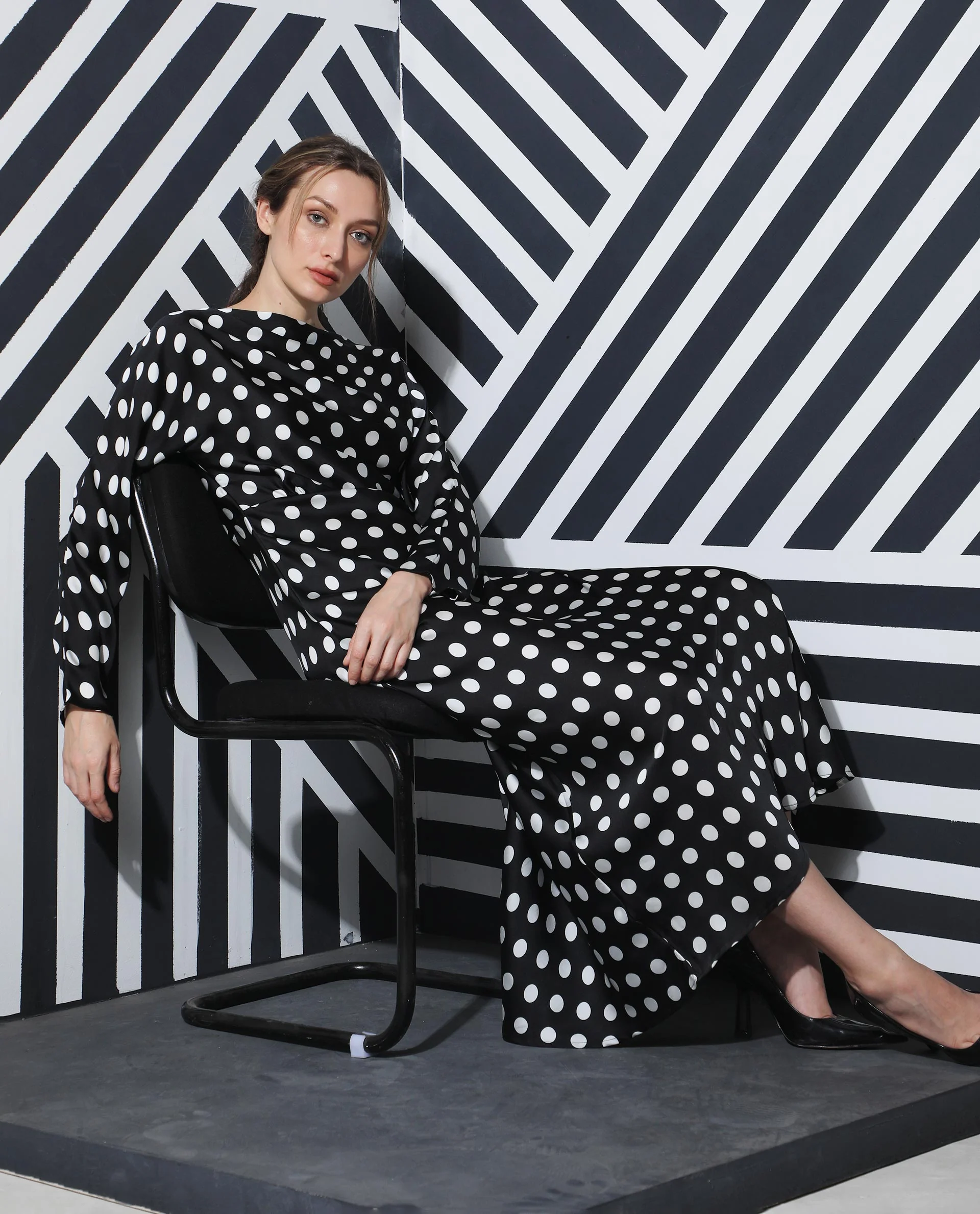 Rareism Women's Alsus Black Polyester Boat Neck Polka Print Extended Sleeves Knee Length Tailored Dress - Image 2