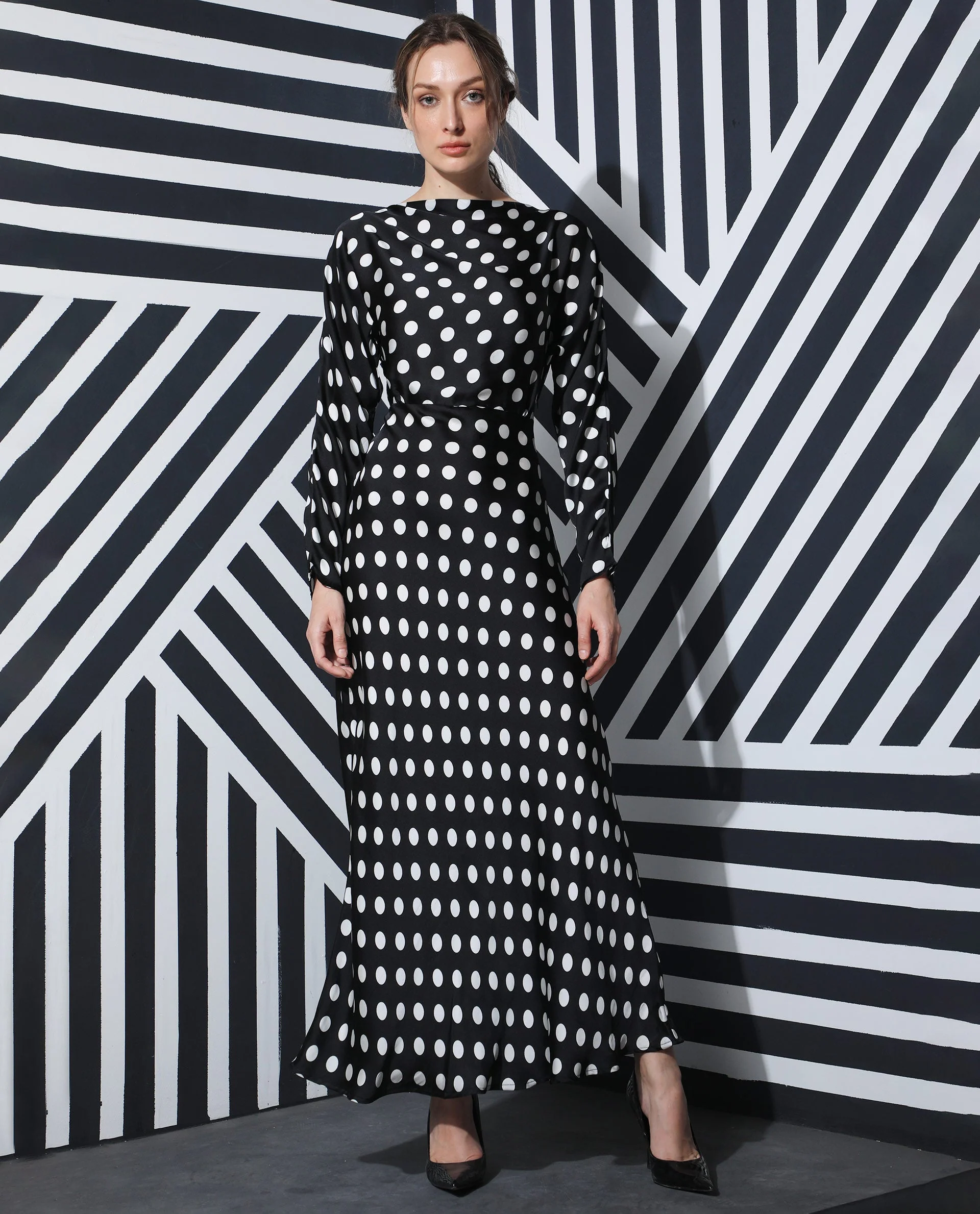 Rareism Women's Alsus Black Polyester Boat Neck Polka Print Extended Sleeves Knee Length Tailored Dress - Image 3