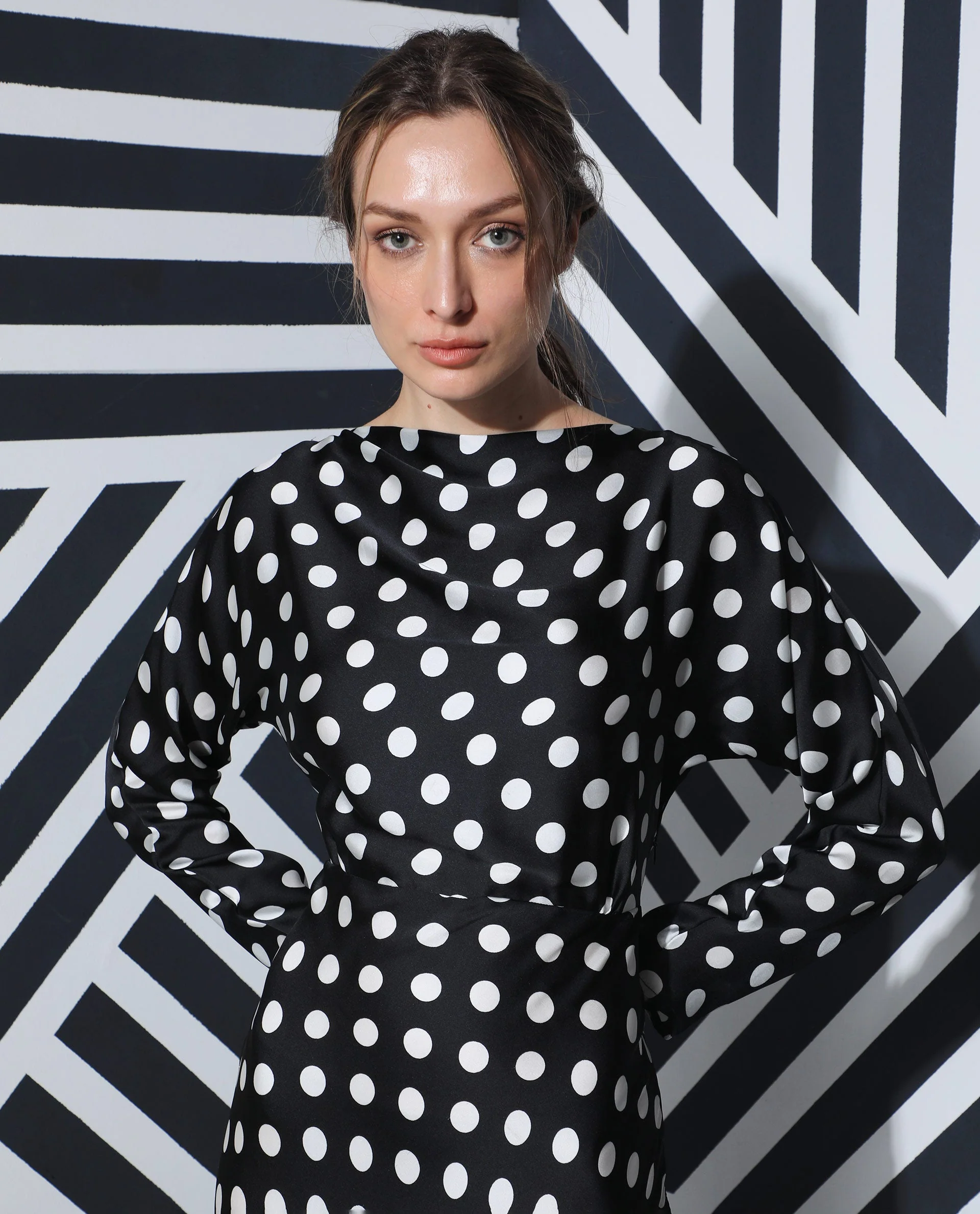 Rareism Women's Alsus Black Polyester Boat Neck Polka Print Extended Sleeves Knee Length Tailored Dress - Image 4