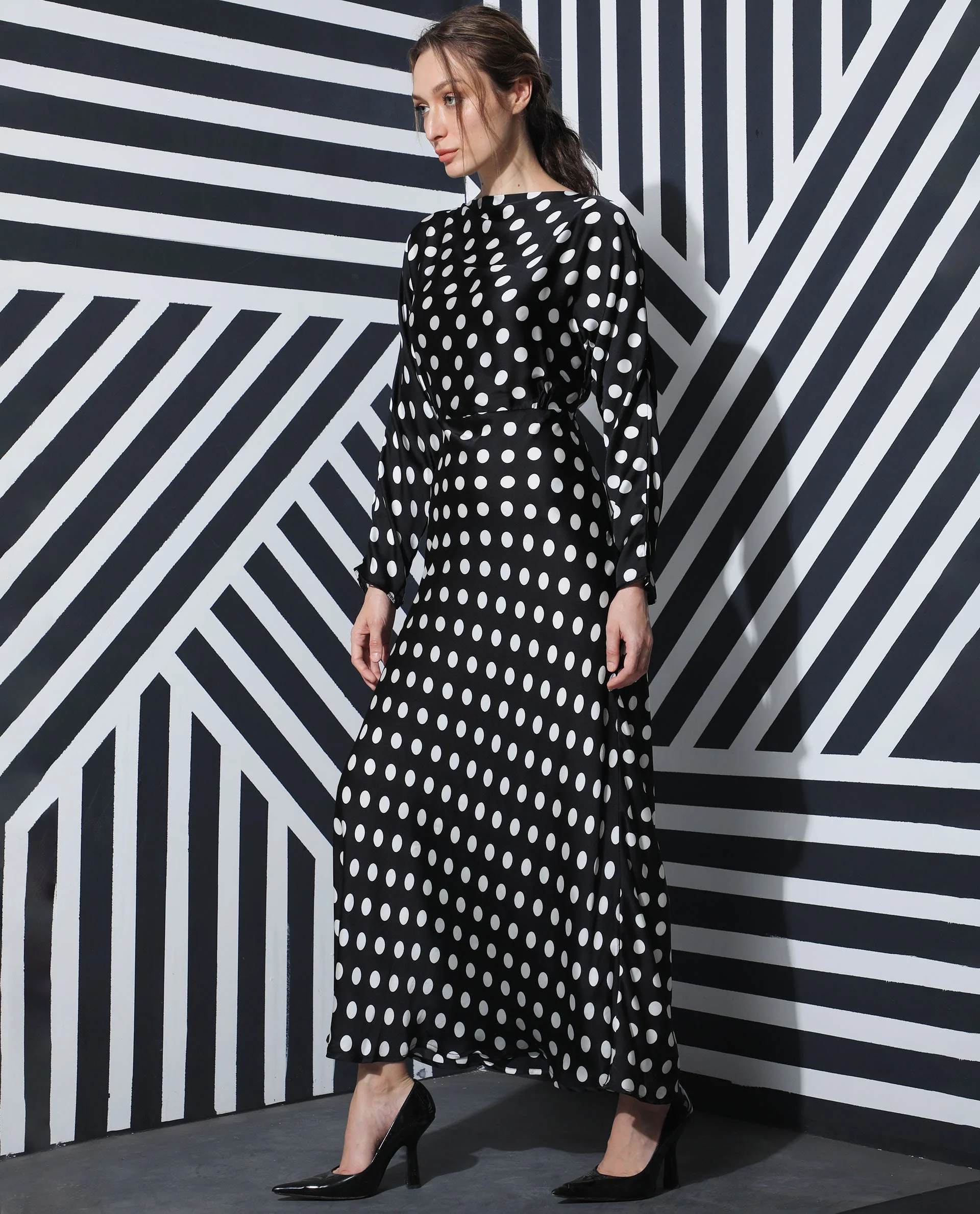 Rareism Women's Alsus Black Polyester Boat Neck Polka Print Extended Sleeves Knee Length Tailored Dress - Image 6