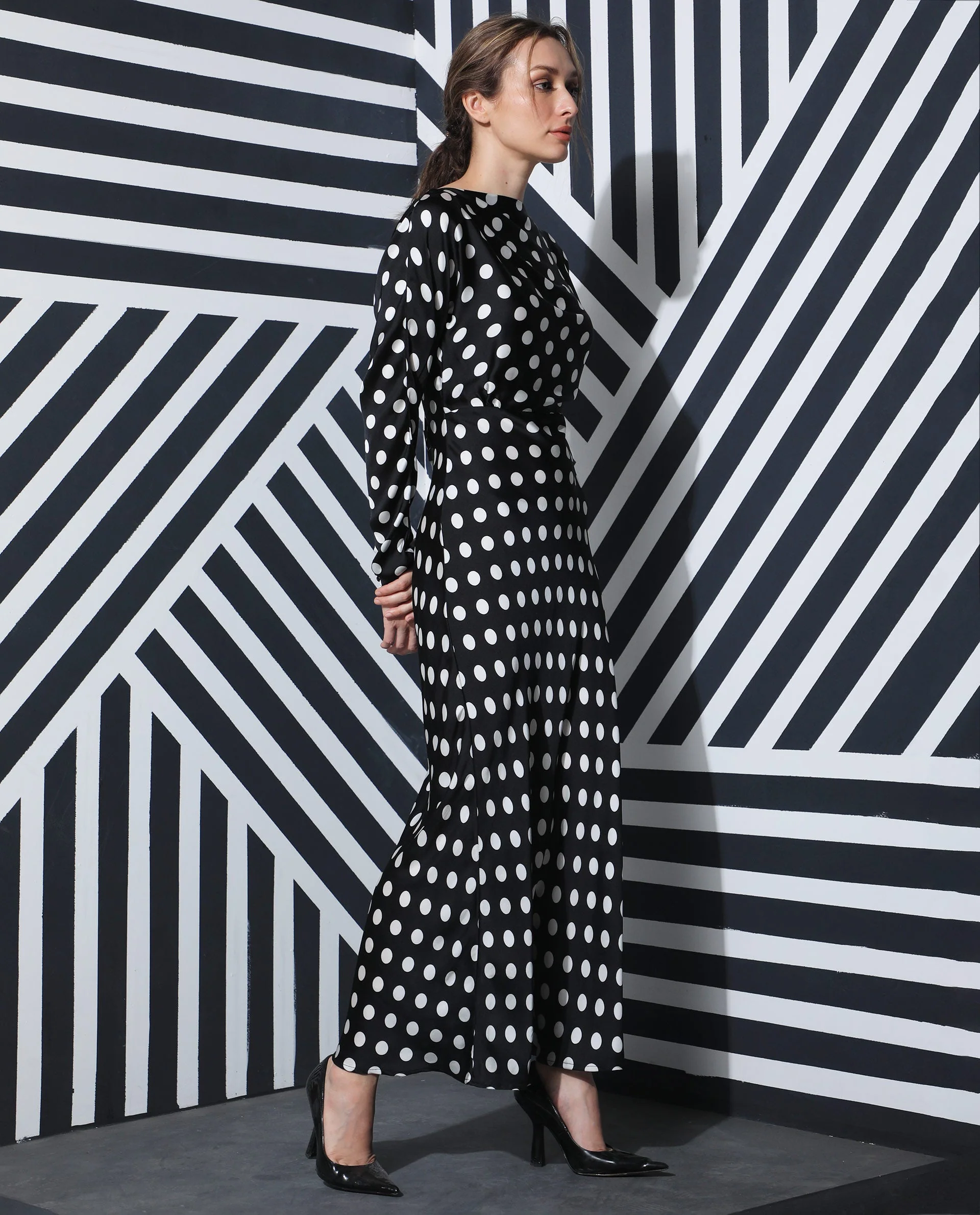 Rareism Women's Alsus Black Polyester Boat Neck Polka Print Extended Sleeves Knee Length Tailored Dress - Image 7