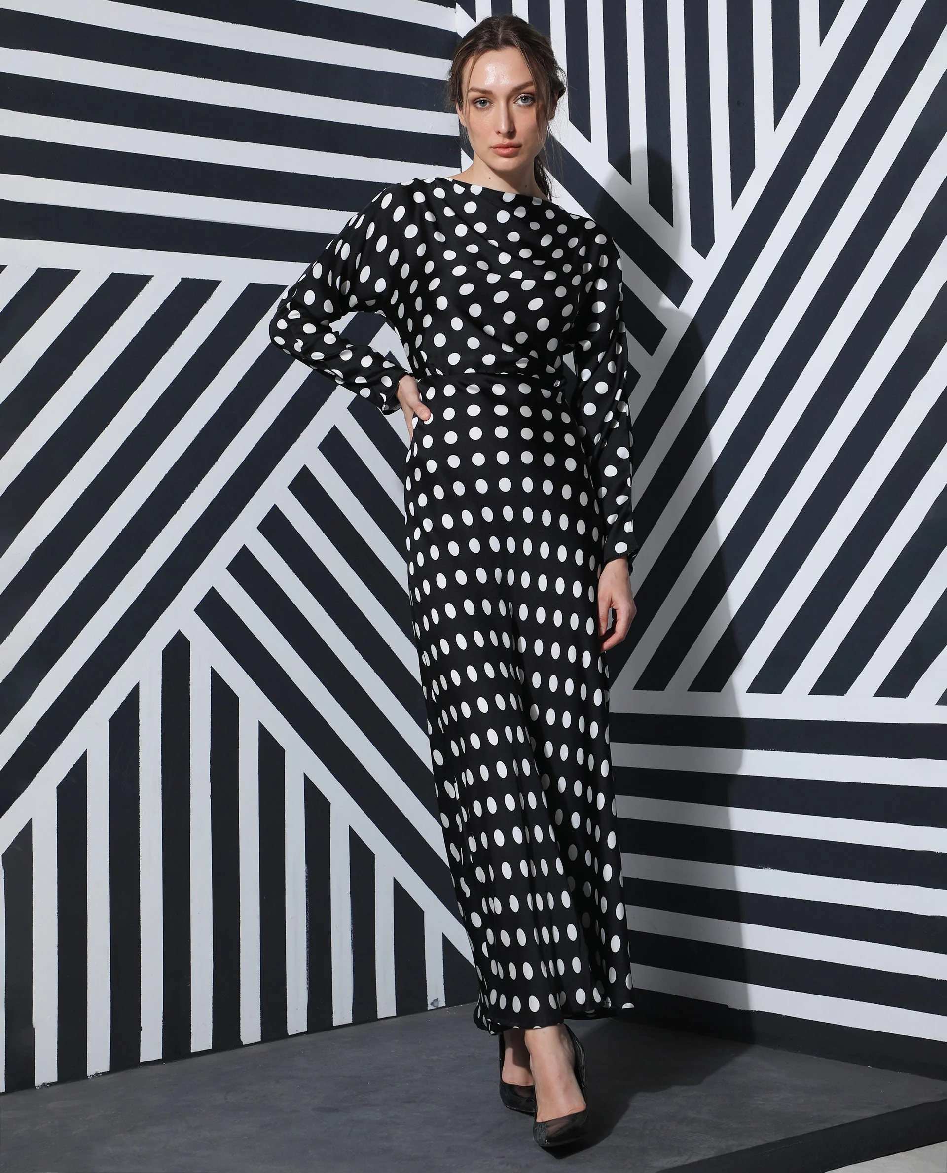 Rareism Women's Alsus Black Polyester Boat Neck Polka Print Extended Sleeves Knee Length Tailored Dress - Image 8
