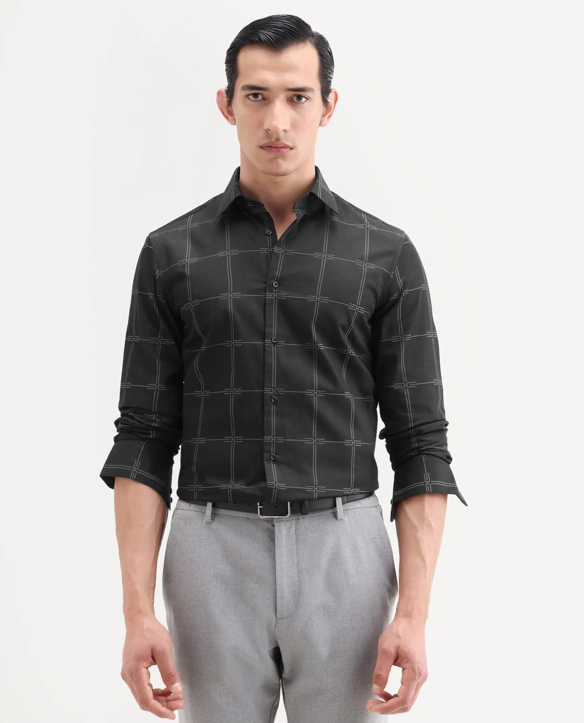 Rare Rabbit Men's Alte Black Cotton Fabric Full Sleeve Spread Collar Button Regular Checked Shirt - Image 4