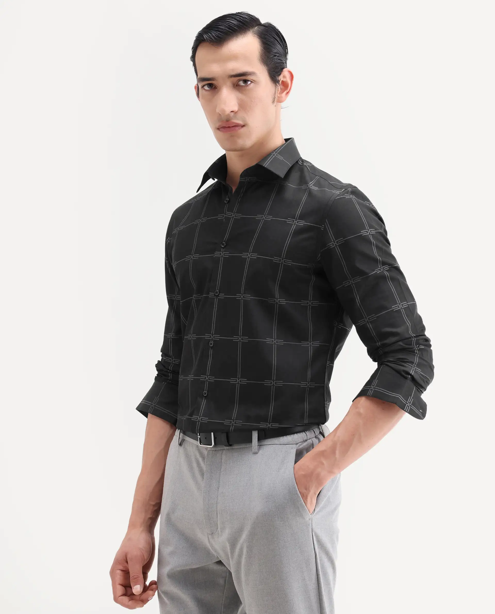 Rare Rabbit Men's Alte Black Cotton Fabric Full Sleeve Spread Collar Button Regular Checked Shirt - Image 5