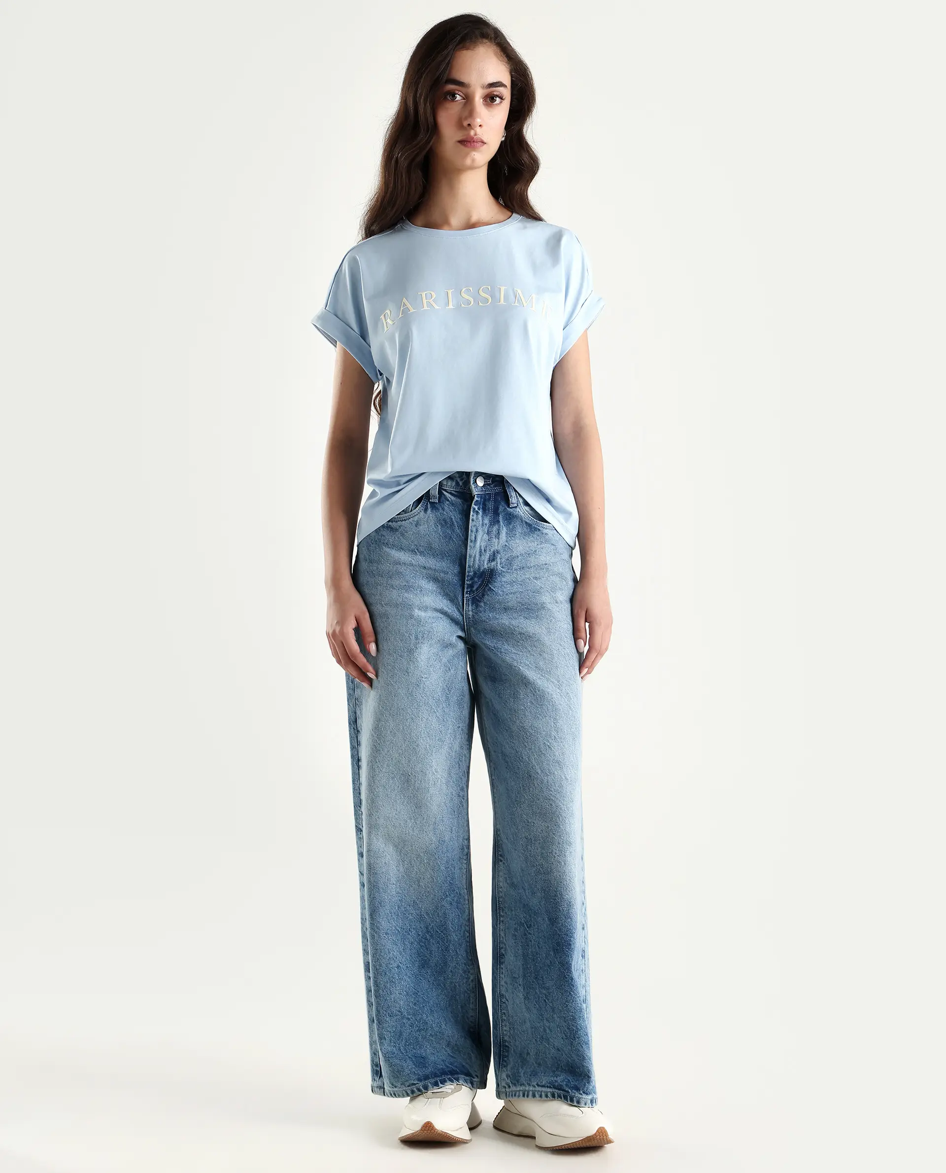 Rareism Women's Alte Light Blue Cotton Blend Crew Neck Graphic Print Extended Sleeves Regular Fit T-Shirt - Image 2