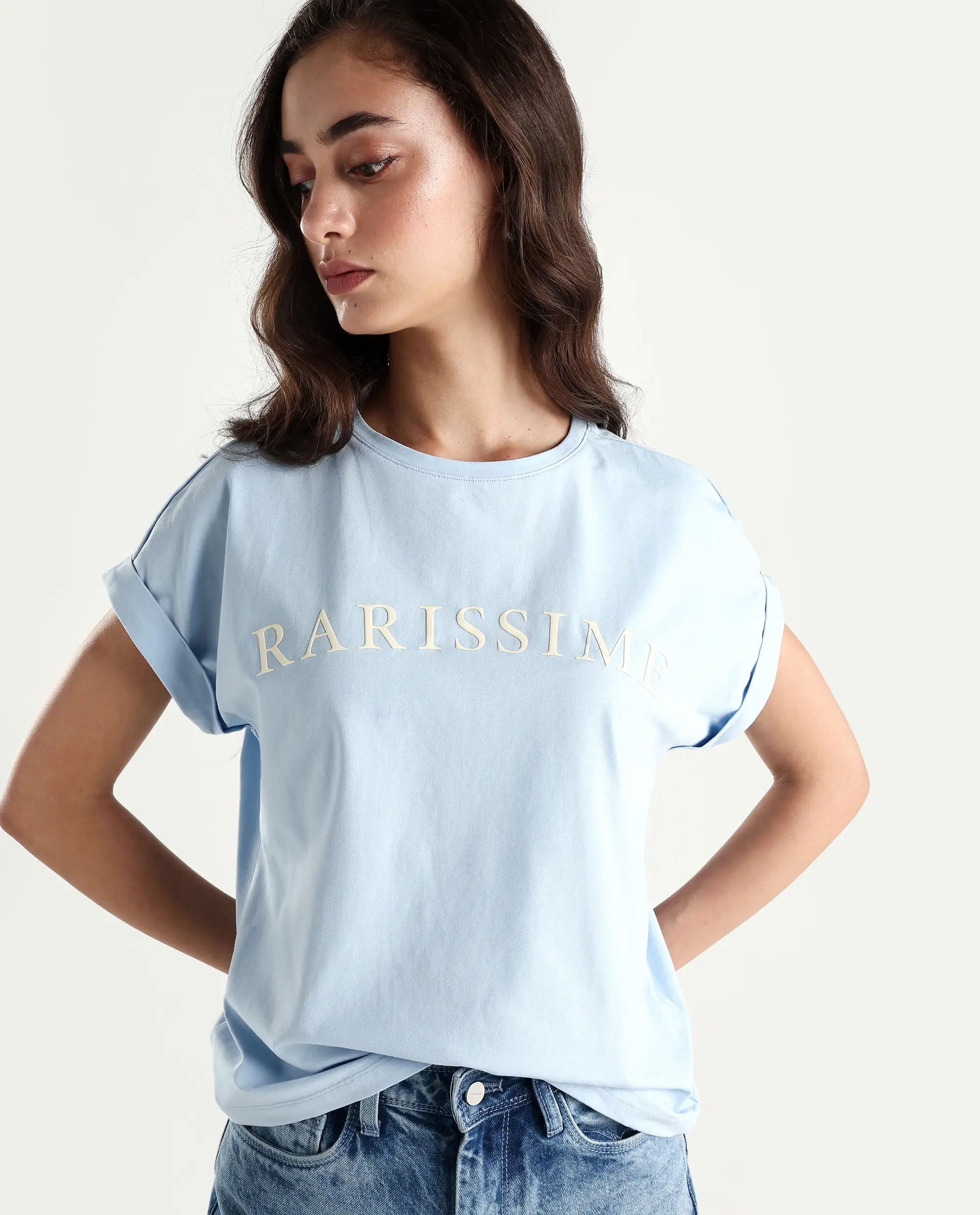 Rareism Women's Alte Light Blue Cotton Blend Crew Neck Graphic Print Extended Sleeves Regular Fit T-Shirt - Image 3