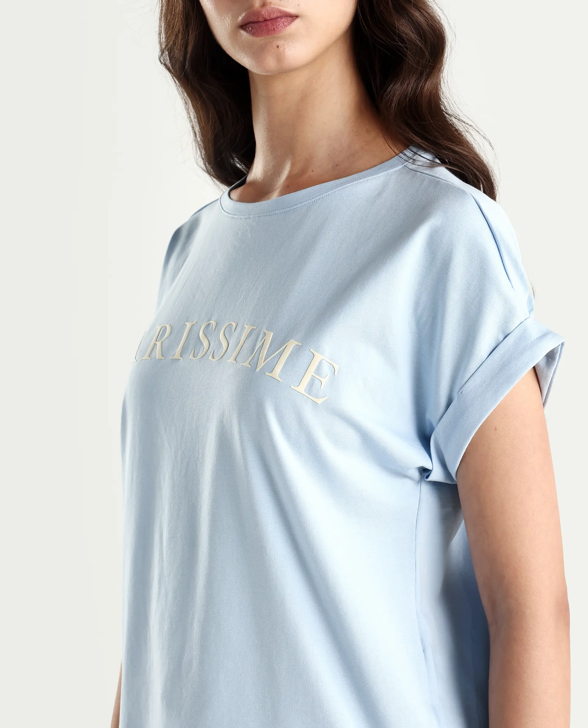 Rareism Women's Alte Light Blue Cotton Blend Crew Neck Graphic Print Extended Sleeves Regular Fit T-Shirt - Image 4