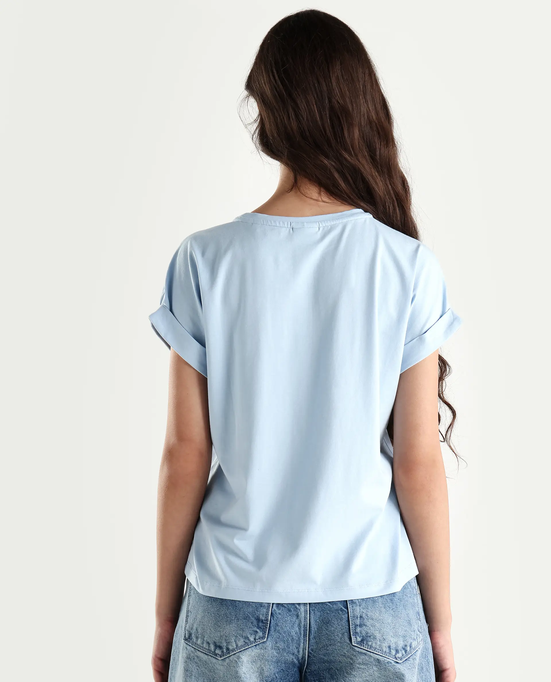Rareism Women's Alte Light Blue Cotton Blend Crew Neck Graphic Print Extended Sleeves Regular Fit T-Shirt - Image 5