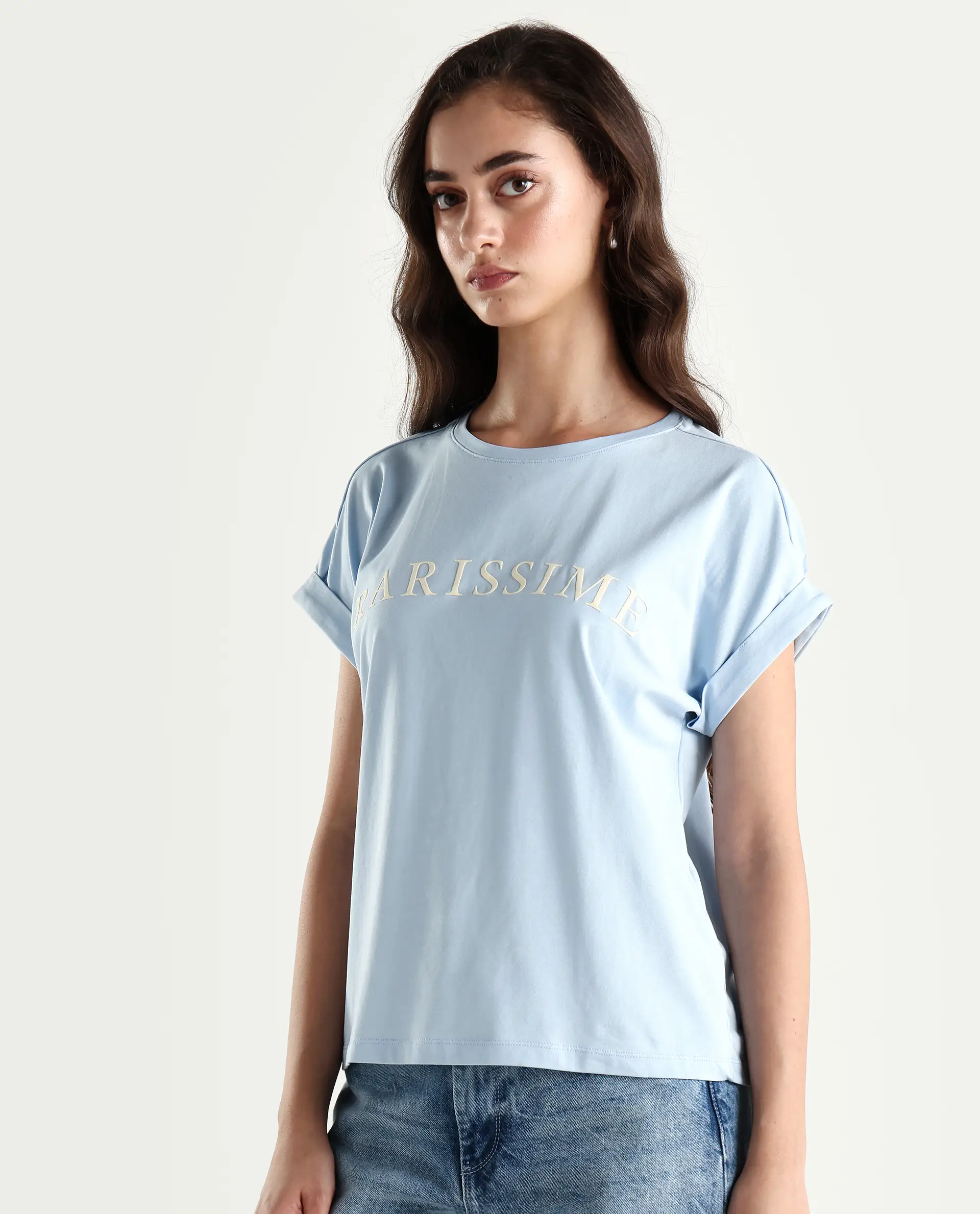 Rareism Women's Alte Light Blue Cotton Blend Crew Neck Graphic Print Extended Sleeves Regular Fit T-Shirt - Image 6