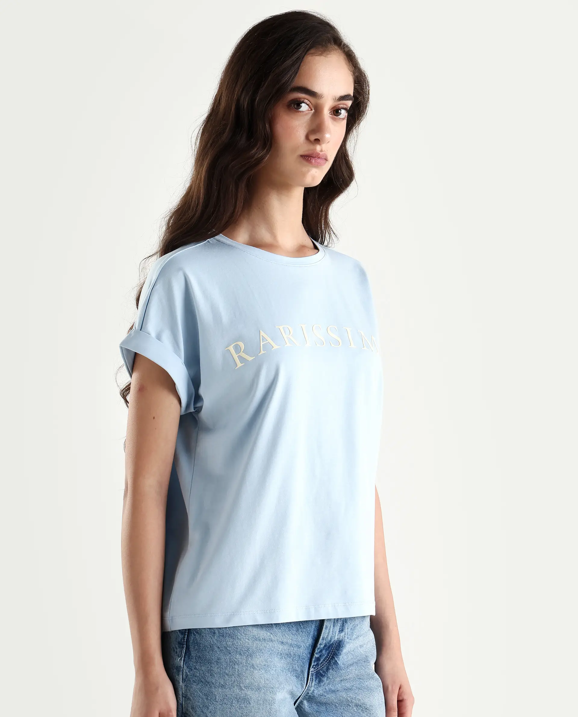 Rareism Women's Alte Light Blue Cotton Blend Crew Neck Graphic Print Extended Sleeves Regular Fit T-Shirt - Image 7