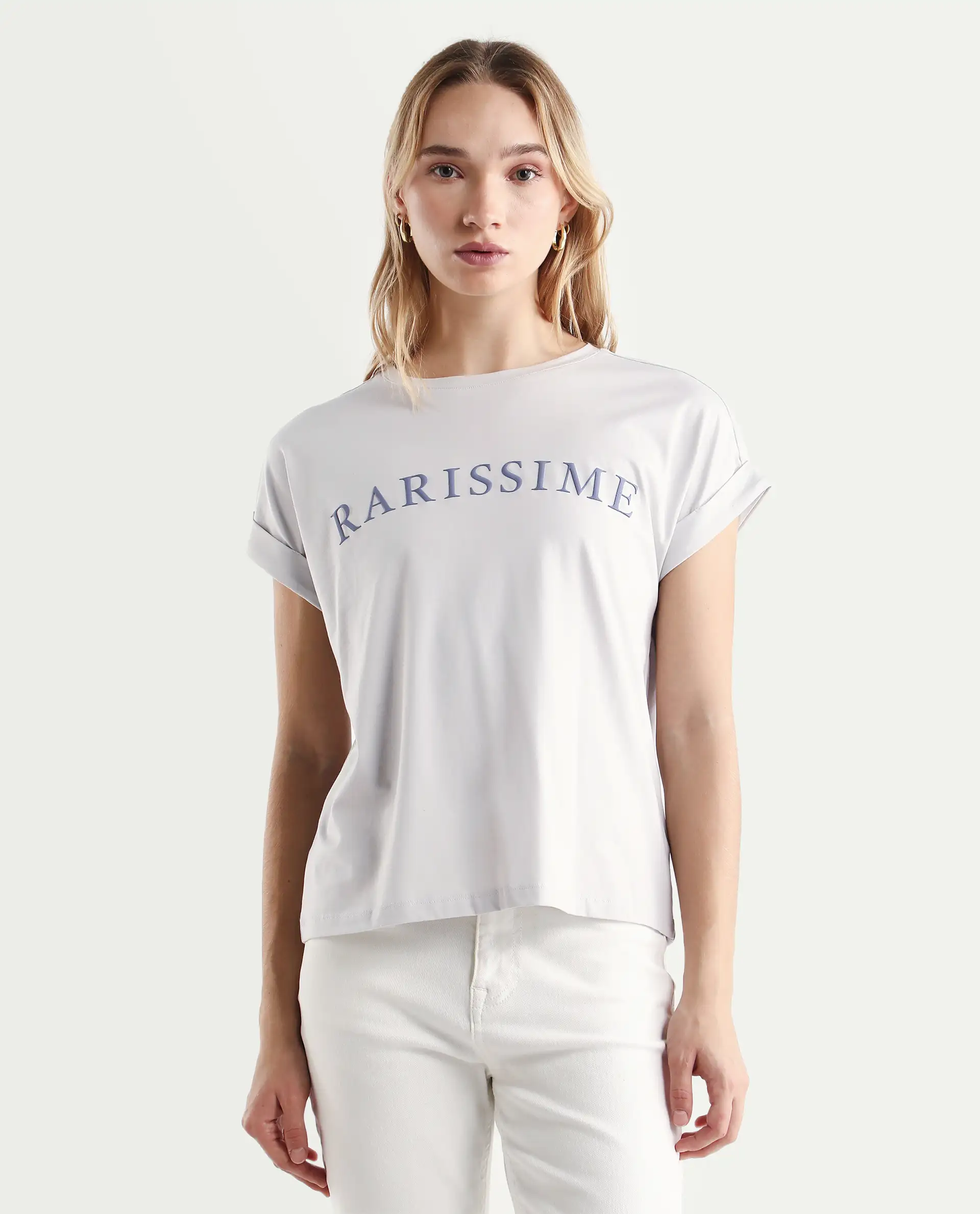 Rareism Women's Alte Light Grey Cotton Blend Crew Neck Graphic Print Extended Sleeves Regular Fit T-Shirt - Image 3