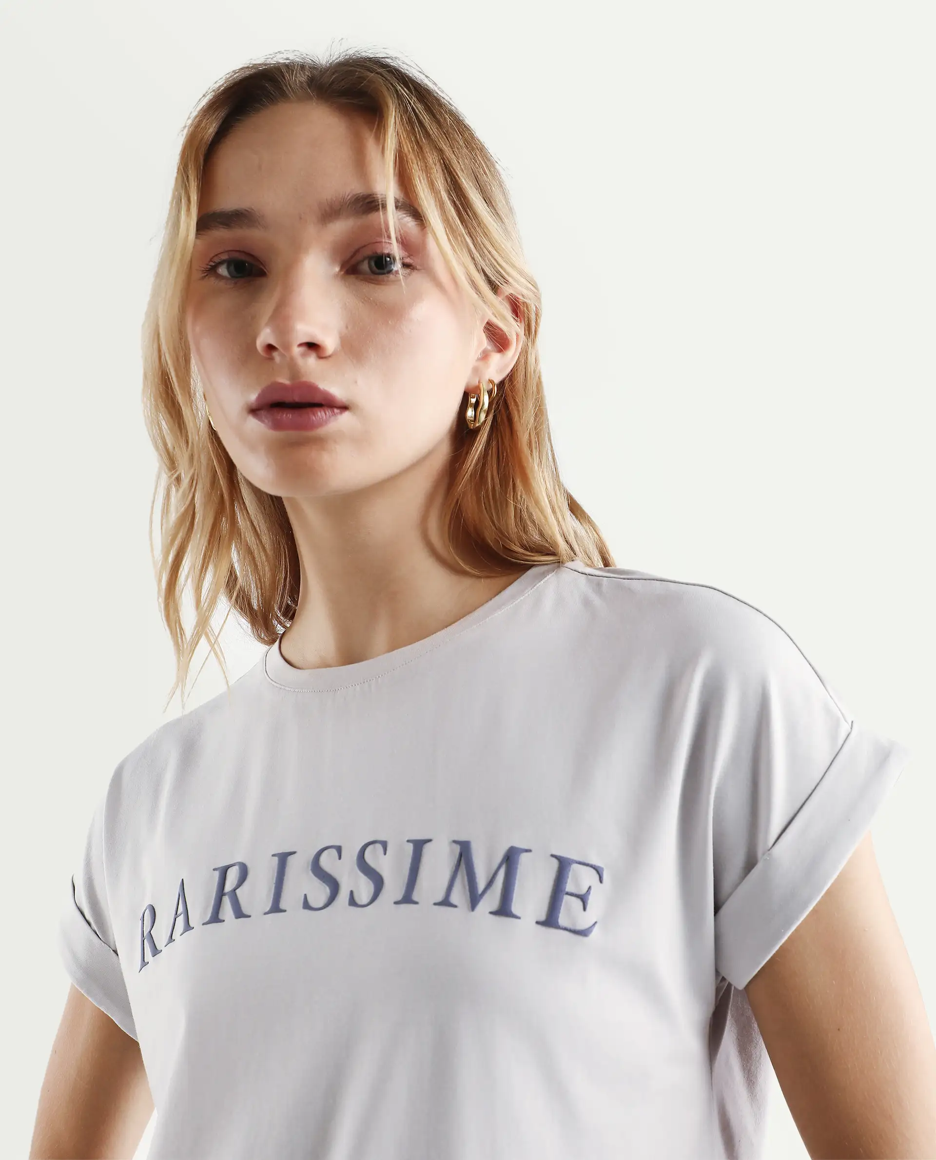 Rareism Women's Alte Light Grey Cotton Blend Crew Neck Graphic Print Extended Sleeves Regular Fit T-Shirt - Image 4