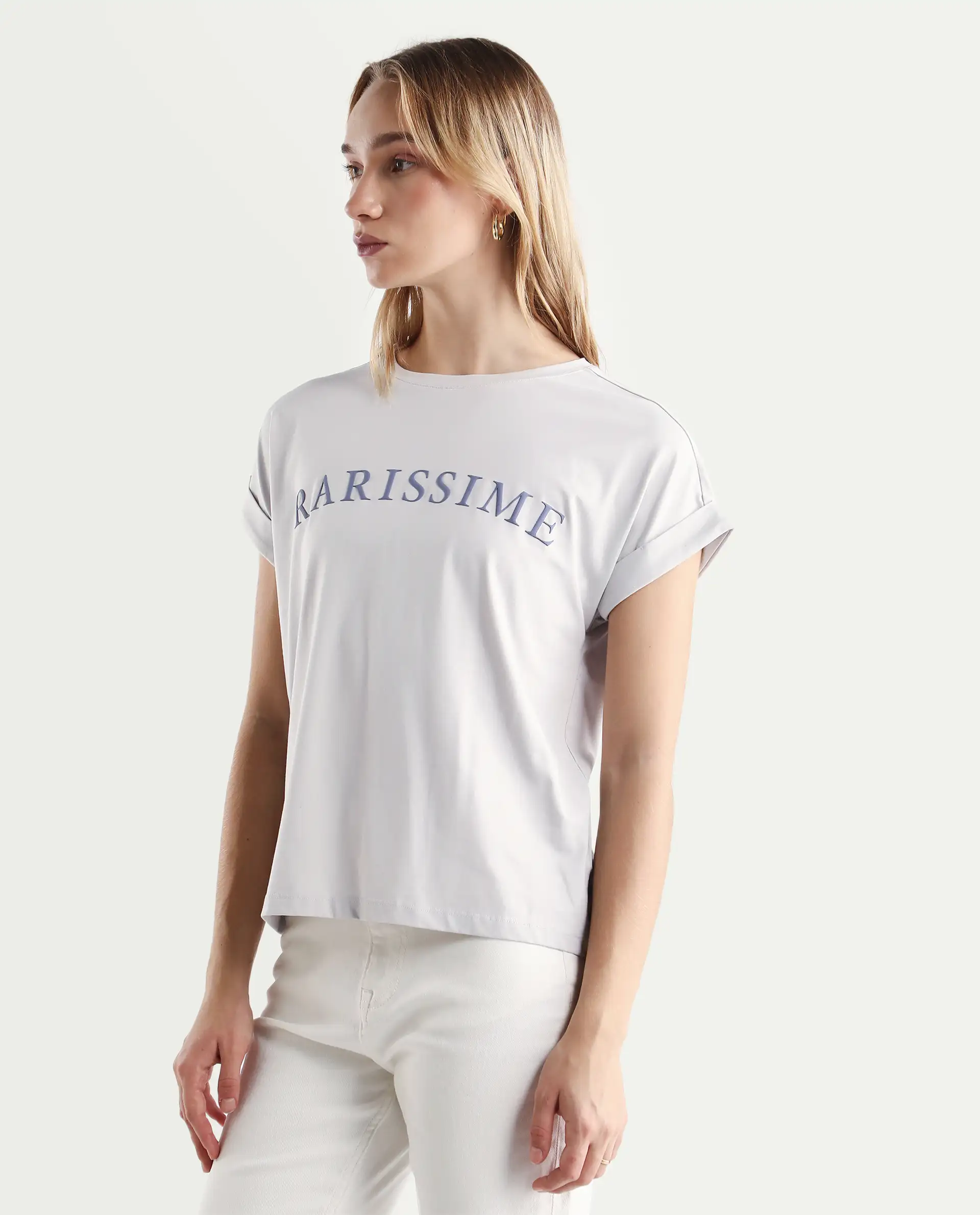 Rareism Women's Alte Light Grey Cotton Blend Crew Neck Graphic Print Extended Sleeves Regular Fit T-Shirt - Image 7