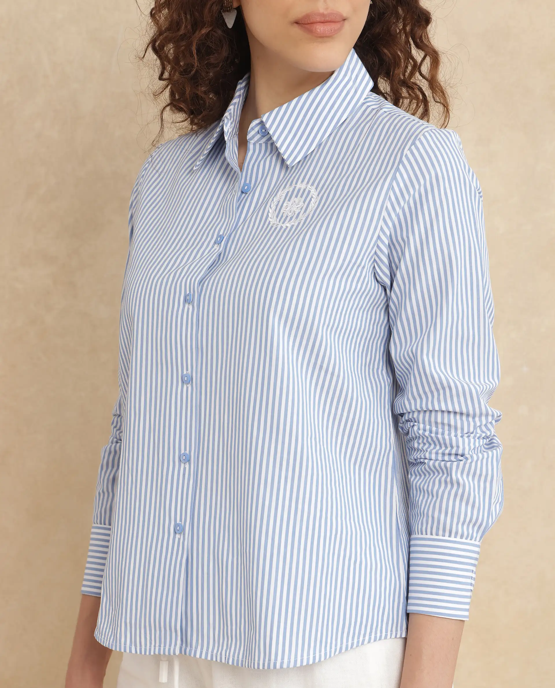 Rareism Women's Alug Blue Cotton Drop Collar Striped Cuffed Sleeve Regular Fit Shirt - Image 2