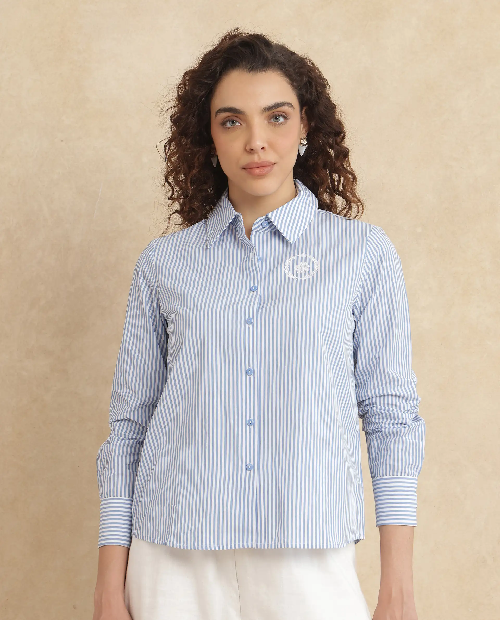 Rareism Women's Alug Blue Cotton Drop Collar Striped Cuffed Sleeve Regular Fit Shirt - Image 4