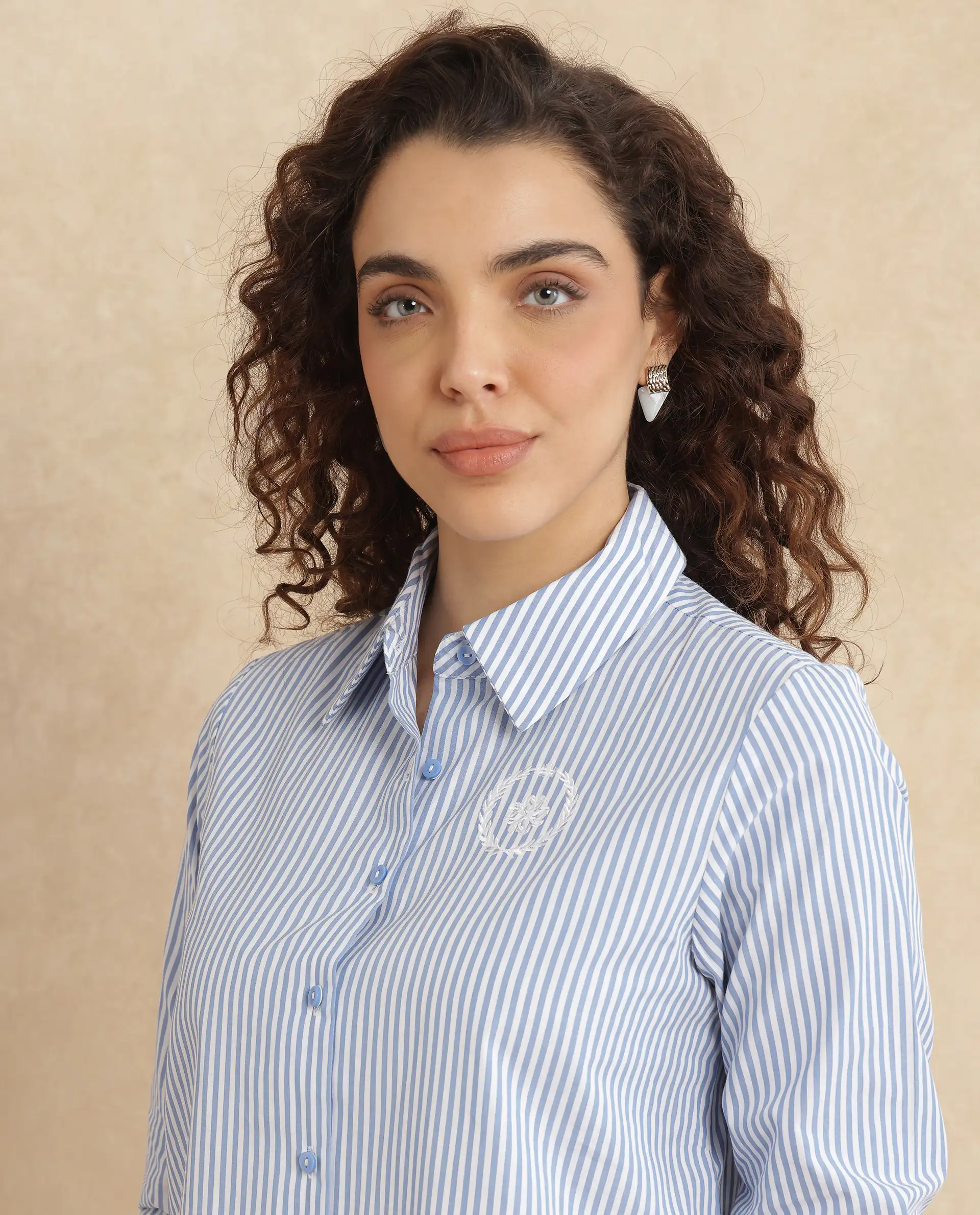 Rareism Women's Alug Blue Cotton Drop Collar Striped Cuffed Sleeve Regular Fit Shirt - Image 5