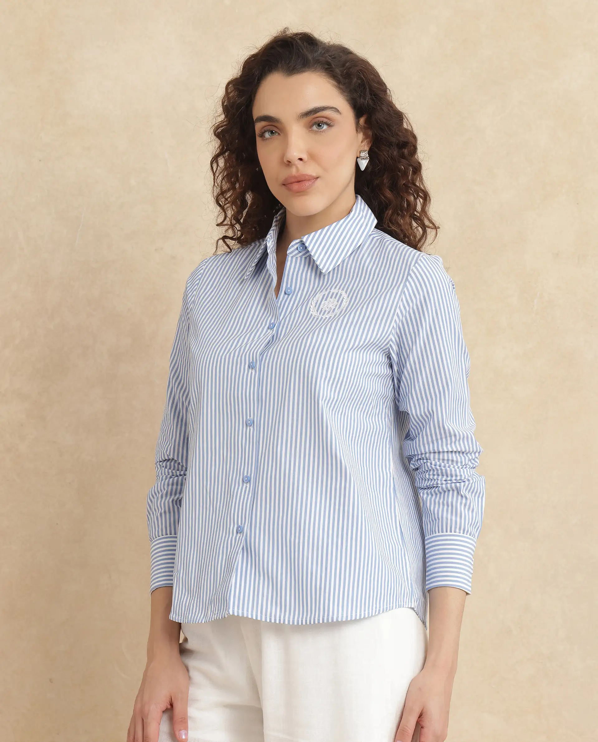 Rareism Women's Alug Blue Cotton Drop Collar Striped Cuffed Sleeve Regular Fit Shirt - Image 6