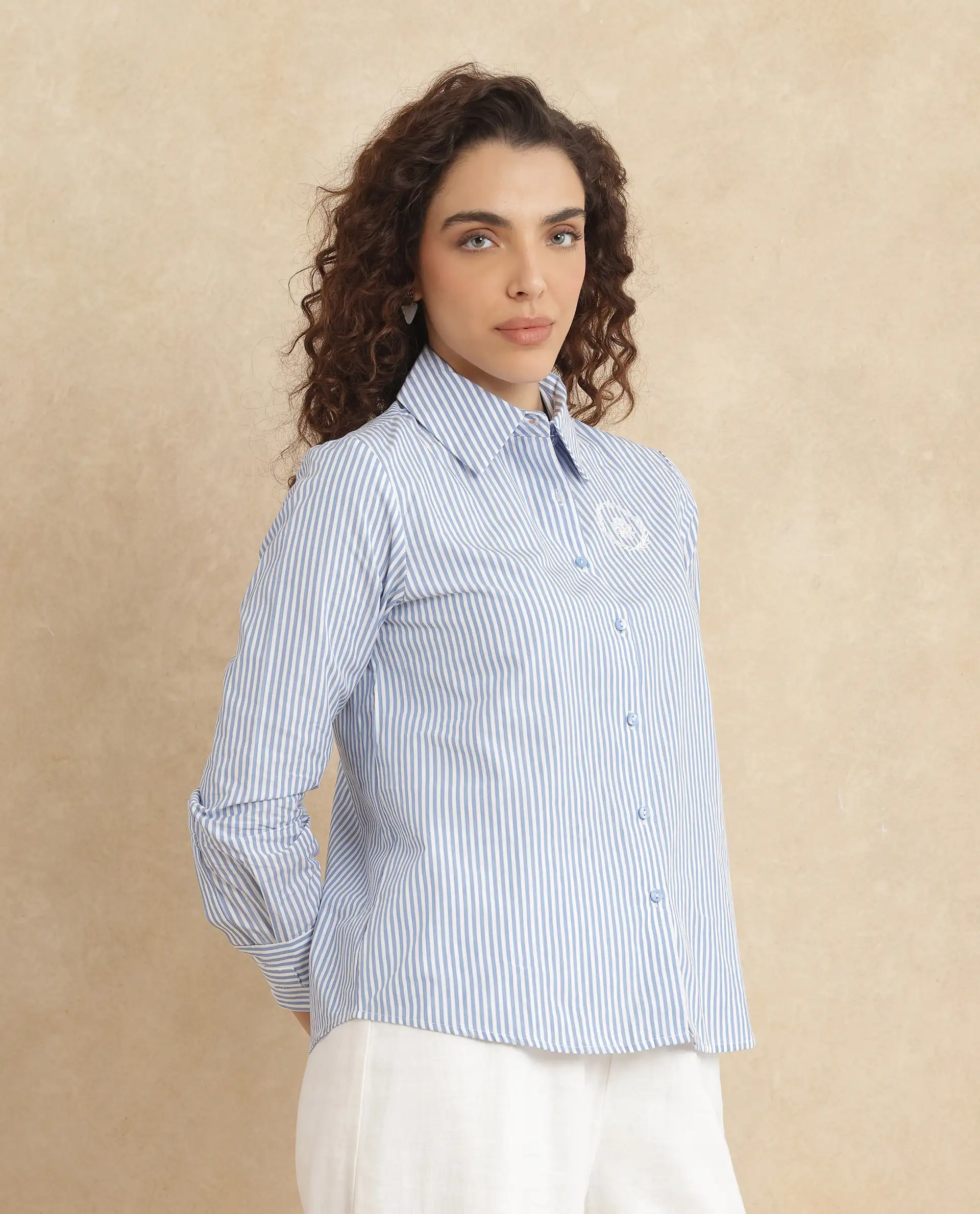 Rareism Women's Alug Blue Cotton Drop Collar Striped Cuffed Sleeve Regular Fit Shirt - Image 7