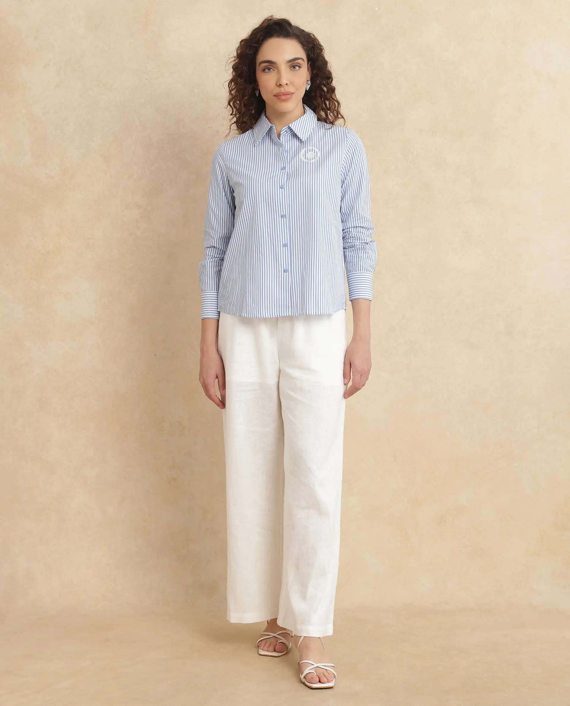 Rareism Women's Alug Blue Cotton Drop Collar Striped Cuffed Sleeve Regular Fit Shirt - Image 8